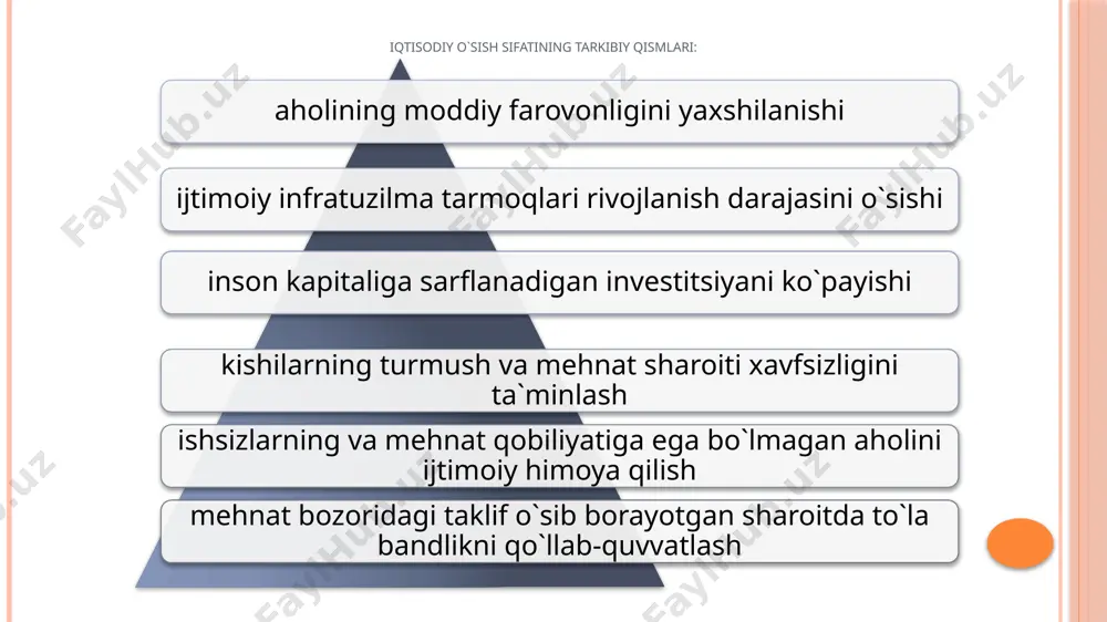 ridan foydalanishni miqdoriy oshirish orqali erishilishi bilan tavsiflanadi.yani bunda ishlab chiqarish hajmini ko’paytirishga qo’shimcha iqtisodiy resurslarni jalb qilish orqali erishiladi. moddiy ishlab chiqarishda foydalaniladigan resurslar hajmining oshishi natijasida kelib chiqadi. boshqacha aytganda, ekstensiv iqtisodiy o`sish tabiiy resurslar, ishchi kuchi va kapital kabi ishlab chiqarish omillarini qo`shimcha jalb qilish va faqat ularning miqdoriy oshishi hisobiga ro`y beradi. bunda ularning sifat va texnikaviy darajasi o`zgarmasdan qoladi. ekstensiv iqtisodiy o`sish intensiv iqtisodiy o`sish ishlab chiqarish omillari miqdorini avvalgi texnikaviy darajani o`zgartirmasdan oshirish ishlab chiqarish omillari sifatini takomillashtirish ishlab chiqarish omillaridan foydalanish samaradorligi oshishining yo`qligi ishchilar chiqarish omillaridan foydalanish samaradorligining oshishi ishchilar sonining oshishi ishchilar malakasining oshishi kapital qo`yilmalarning oshishi tejamkorlik mexanizmi ishlayotgan xom-ashyo hajmining oshishi ilmiy-texnik taraqqiyot yutuqlaridan foydalanish mahsulotlar tarkibiy tuzilishining o`zgarmasligi ishlab chiqarishni tashkil qilish va uning usullarini takomillashtirish tabiat resurslaridan nooqilona foydalanish mahsulotlar assortimentini kengaytirish va sifatini oshirish iqtisodiy inqirozning muqarrarligi tabiiy resurslardan oqilona foydalanish zamonaviy o'sish nazariyasida odatda iqtisodiy …