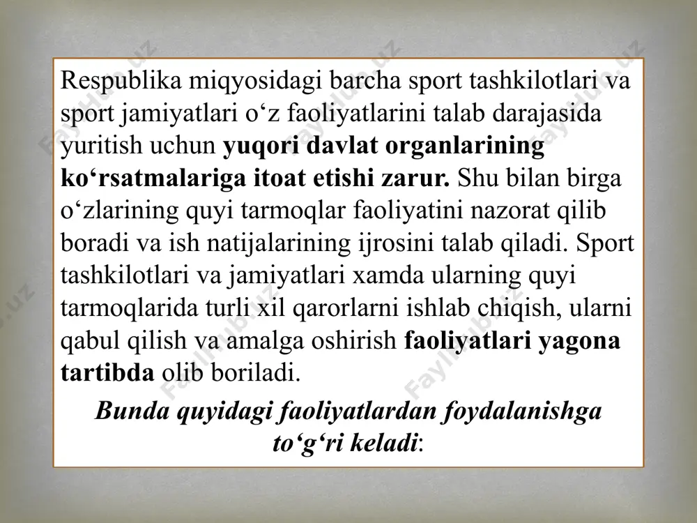 sh, iqtidorli yoshlarning sport mahoratlarini oshirishga qaratilgan. bu yo‘lda «umid nihollari» va «barkamol avlod» o‘yinlari sport musobaqalarini tashkil qilish bilan asosiy faoliyat ko‘rsatadi. jamiyatning nizomi va ustavi mavjud. maktab o‘quvchilarining «umid nihollari» respublika musobaqalari muvaffaqiyatli o‘tkazilib kelinmoqda. uning nizomi asosida musobaqalar to‘rt bosqichga (jamoa, tuman-shaxar, viloyat va respublika miqyosida) o‘tkaziladi.  bunday musobaqalar uzluksiz ta’limning bir tarmog‘i sifatida o‘quvchilar, jamoalar va yuqori muassasalarning ommaviy sog‘lomlashtiruvchi sport tadbirlarining yo‘lga qo‘yilishi va eng muhimi “sog‘lom avlod dasturi”ning xayotga singdirilish borasidagi ko‘rik-sinov hisoblanadi. shuningdek «alpomish» va «barchinoy» maxsus testlari talablarini bajarishga zamin tayyorlaydi. mamlakatda o‘rta maxsus o‘quv yurtlarini yagona tizim, ya’ni kasb-xunar kollejlariga aylantirilishi jismoniy tarbiya va sport harakatida yangi bir bosqichni yaratdi, ya’ni «barkamol avlod o‘yinlari» sport musobaqalarini yagona tizim va talablar darajasida o‘tkazishni taqozo etdi. bunday yirik sport tadbiri 2001 yil 30 apreldan 5 maygacha jizzax shaxrida zo‘r tantana bilan o‘tkazildi. bunday tadbirlar ham to‘rt bosqichda o‘tkazilish ko‘zda tutilganligi, o‘quv yurtlari, …