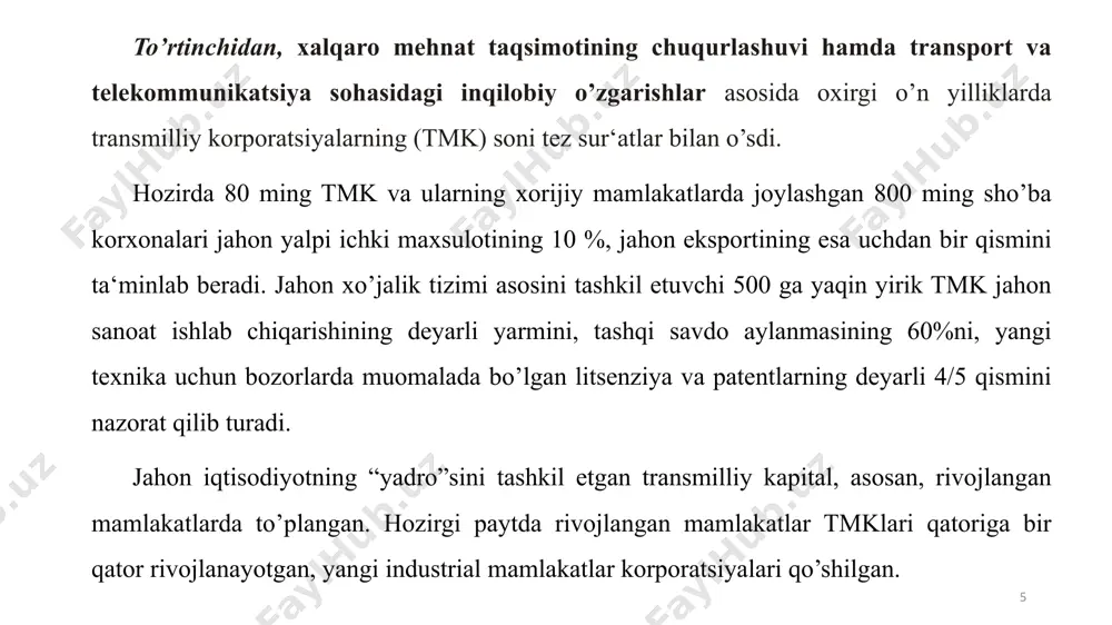 t qilinuvchi mahsulotning ishlab chiqarilgan mahsulotga nisbati keskin o’sdi, integratsion birlashmalar ko’pgina mintaqalarda qudratli kuchga aylandi, xalqaro iqtisodiy tashkilotlarning ahamiyati, ayniqsa kamroq rivojlangan mamlakatlar uchun keskin o’sdi, tmklar esa umumiy jahon yaimning chorakdan uchdan bir qismigacha (shu jumladan, faqat o’z xorijiy filiallarida 9%dan ortig’ini) ishlab chiqara boshladi. 14 15 3. xalqaro iqtisodiy va moliyaviy tashkilotlar va ularning faoliyat yo’nalishlari. xalqaro tashkilotlar quyidagi guruhlarga ajratiladi: 1. ixtisoslashgan xalqaro tashkilotlar: bmtning ixtisoslashgan tashkilotlari, jumladan, yunesko (ta‘lim, fan va madaniyat), fao (oziq-ovqat va qishloq xo’jaligi), yunido (sanoat taraqqiyoti), yunktad (savdo va rivojlanish), jsst (sog’liqni saqlash), yunep (atrof muhit bo’yicha), yunisef (bolalar masalasi), islom hamkorlik tashkiloti va boshqalar. 2. mintaqaviy xalqaro tashkilotlar: yevropa ittifoqi, mdh, shht (shanxay hamkorlik tashkiloti), asean va boshqalar. 3. iqtisodiy xalqaro tashkilotlar: jahon banki, xalqaro valyuta fondi, jst (jahon savdo tashkiloti), iqtisodiy hamkorlik va taraqqiyot tashkiloti, yttb (yevropa tiklanish va taraqqiyot banki), otb (osiyo taraqqiyot banki), itb (islom taraqqiyot banki) …