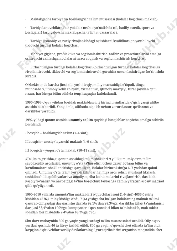 unga ko‘ra, maktabgacha ta’lim vazirligi tashkil etildi. yangi vazirlik tizimiga qoraqalpog‘iston maktabgacha ta’lim vazirligi, toshkent shahri maktabgacha ta’lim bosh boshqarmasi, viloyatlarning maktabgacha ta’lim boshqarmalari va ularning shahar va tumanlardagi bo‘limlari kiradi. o’zbekistonda maktabgacha ta`lim davlat tilida hamda qoraqalpoq, rus, tojik, qirg’iz, qozoq va turkman tillarida olib boriladi. maktabgacha ta`lim muassasalari, faoliyat yo’nalishiga ko’ra, quyidagi turlarga bo’linadi: · bolalar yaslisi, bolalar yasli bog’chasi, bolalar bog’chasi, uydagi bolalar bog’chasi (mustaqil muassasa yoki filial sifatida). · maktabgacha tarbiya va boshlang’ich ta`lim mussasasi (bolalar bog’chasi-maktab). · tarbiyalanuvchilarni bir yoki bir nechta yo’nalishda (til, badiiy estetik, sport va boshqalar) tarbiyalovchi maktabgacha ta`lim muassasalari. · tarbiya jismoniy va ruxiy rivojlanishdagi og’ishlarni kvalifikatsion yaxshilovchi tiklovchi turdagi bolalar bog’chasi. · tibbiyot gigiena, profilaktika va sog’lomlashtirish, tadbir va proseduralarini amalga oshiruvchi zaiflashgan bolalarni nazorat qilish va sog’lomlashtirish bog’chasi. · birlashtirilgan turdagi bolalar bog’chasi (birlashtirilgan turdagi bolalar bog’chasiga rivojlantiruvchi, tiklovchi va sog’lomlashtiruvchi guruhlar umumlashtirilgan ko’rinishda kiradi). o‘zbekistonda barcha jinsi, tili, …