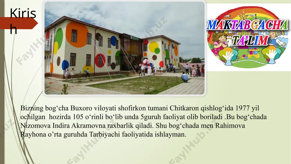 uvchi, millatlararo o'yin turlari, interfaol o'yinlardan foydalanish maqsad qilib olinadi. xulosa malakaviy amaliyot davri har bir talaba uchun o’ziga xos imtixon hisoblanadi.amaliyot vaqtida o’qish jarayonidagi barcha kamchiliklar yaqqol ochilib qoladi.bunday vaziyatlarda birinchi kundayoq to’g’ri yo’l tanlash, yani bolajonlar bilan munosabatga kirish usullarini to’g’ri tanlash juda muhim hisoblanar ekan.shuningdek amaliyot davrida talaba nafaqat bolajonlar bilan balki bog’cha xodimlari va ish olib boruvchilar bilan ham ishlash kerak ekan image1.png image2.png image3.jpeg image4.png image5.png image6.png image7.png image8.png image9.png image10.png image11.png image12.png image13.png image14.jpeg /docprops/thumbnail.jpeg