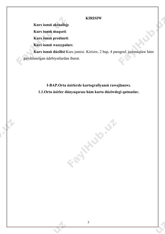 i. k. — "ma'lumotlar bazasining asoslari va qo‘llanilishi" 16. nurullayev, d. b. — "kompyuter tarmoqlari va internet texnologiyalari" 17. murodov, m. a. — "axborot tizimlarini optimallashtirish" internet derekleri. 1.www.w3schools.com — veb dasturlash va ma'lumotlar bazalari bo‘yicha resurslar. 2.www.stackoverflow.com — dasturchilar va tizim ishlab chiquvchilar uchun savol-javob platformasi. 3.www.sqlshack.com — sql va ma'lumotlar bazalarini boshqarish tizimlari haqidagi maqolalar. 4.www.tutorialspoint.com — ma'lumotlar bazasi va dasturlash texnologiyalari bo‘yicha bepul o‘quv materiallari. 5.www.geeksforgeeks.org — kompyuter fanlari va dasturlashga oid qo‘llanmalar va maqolalar. 1 1 tema : orta asirlerde ham oyaniw dawirindegi kartografiya . mazmuni kirisiw ............................................................................................... ....... . . ...2 i - bap . orta ásirlerde kartografiyanı ń rawajlan ıwı. 1. 1 . orta ásirler dúnyaqarası hám karta dúziwdegi qatnaslar. . .............................. . . . . . . . . . .. .5 1.2 . . . . . . . . ...... ..... ............ ....... . . ................. . . 10 ii - …