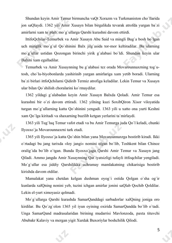 osxo`ja movarounnaxrni tark etadi. 1365 yili ilyosxo`ja katta qo`shin bilan yana movarounnaxrga bostirib kiradi. ikki o`rtadagi bu jang tarixda «loy jangi» nomini olgan bo`lib, toshkent bilan chinoz oralig`ida bo`lib o`tgan. bunda ilyosxo`jaga qarshi amir temur va xusayn jang qiladi. ammo jangda amir xusaynning qat`iyatsizligi tufayli ittfoqchilar yengiladi. mo`g`ullar esa jiddiy qarshilikka uchramay mamlakatning chikarisiga bostirib kirishda davom etdilar. mamalakat yana chetdan kelgan dushman oyog`i ostida qolgan o`sha og`ir kunlarda xalqning nonini yeb, tuzini ichgan amirlar jonini saqlab qochib qoldilar. lekin el-yurt ximoyasiz qolmadi. mo`g`ullarga qarshi kurashda samarqanddagi sarbadorlar xalqning joniga oro kirdilar. bu qo`zg`olon 1365 yil iyun oyining oxirida samarqandda bo`lib o`tadi. unga samarqand madrasalaridan birining mudarrisi mavlonzoda, paxta tituvchi abubakr kalaviy va mergan yigit xurdak buxoriylar boshchilik qilodi. sarbadorlarning yetakchilari, xavf-xatar kuchaymasdan uning oldini ola bildilar. ular darxol shaxar masjidi jomiyga yig`ib yuz bergan axvolni o`rtaga soldilar. o`shanda xalq yakdil bo`lib mavlonzodani o`zlariga raxnamo etib sayladilar. abubakr kalaviy bilan …