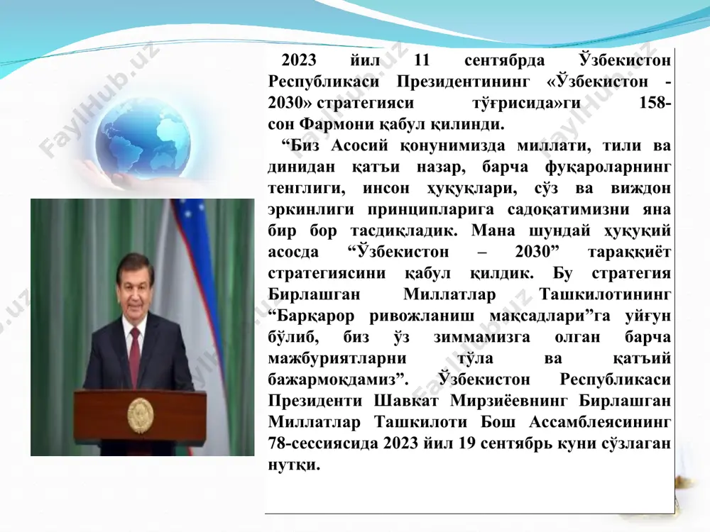 orida ta'kidlanganidek, barcha davlat organlari, mansabdor shaxslar va fuqarolarning konstitutsiya va qonunlarga so'zsiz itoat etishida; ikkinchidan, ijtimoiy munosabatlarning jamiyat, fuqaro va davlat manfaatlariga mos tarzda tartibga solinganligini anglatib, mamlakat miqyosida barqarorlik, batartiblik va qonuniy tartibot muhiti o'rnatilganida; uchinchidan, huquq buzilishi hollarining oldini olish, shuningdek, huquqiy munosabat ishtirokchilari qonunni buzgan taqdirda qonunda belgilangan tartibda javobgarlikka tortish uchun qonunlarning huquqiy asos vazifasini bajarishida namoyon bo'ladi. * qonun ustuvorligi-demokratik jamiyat barpo etishning asosi qonun ustuvorligi ta'minlansagina adolat qaror topadi, insonlar millati, tili, urf-odati, an'anasi, qadriyatlari, diniy e'tiqodi, jinsi, ijtimoiy ahvoli kabilarda tenglikka erishadilar. qonun ustuvorligi mamlakat iqtisodiy, ijtimoiy-siyosiy va ma'naviy hayotida barqarorlik ta'minlanishining asosi hisoblanadi. qonun oyoq osti qilingan mamlakatda talon-tarojlik, tengsizlik, adolatsizlik, zo'ravonlik va boshqa bir qator salbiy holatlar yuzaga keladi. ana shuning uchun ham qonun ustuvorligi umuminsoniy qadriyat darajasiga ko'tariladi. * * qonun ustuvorligiga erishish uchun avvalambor ularni qabul qilish jarayonida puxta va mukammal qilib, jamiyatda kelajakda uzoq vaqt o'z foydasini …