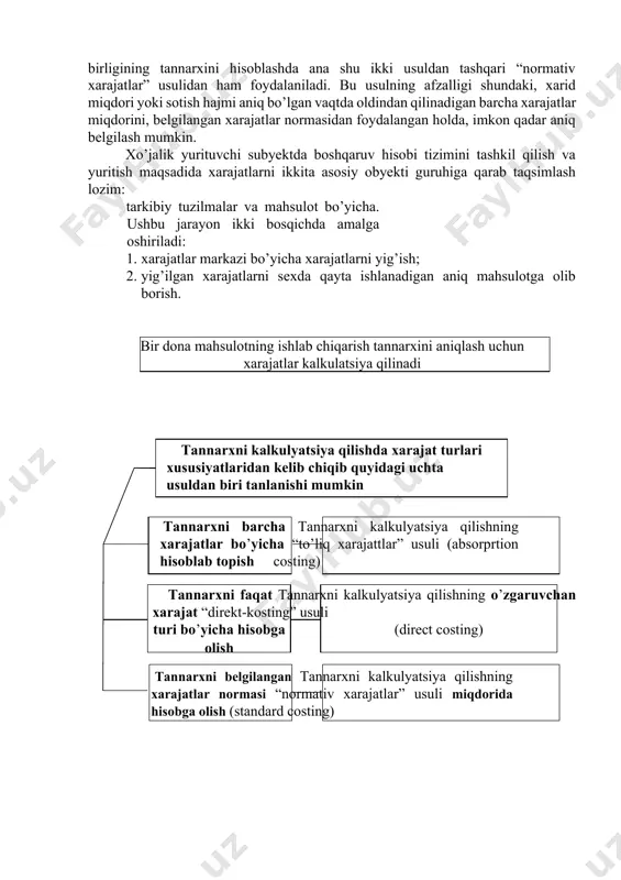 aridan kelib chiqib quyidagi uchta usuldan biri tanlanishi mumkin tannarxni barcha tannarxni kalkulyatsiya qilishning xarajatlar bo’yicha “to’liq xarajattlar” usuli (absorprtion hisoblab topish costing) tannarxni faqat tannarxni kalkulyatsiya qilishning o’zgaruvchan xarajat “direkt-kosting” usuli turi bo’yicha hisobga (direct costing) olish tannarxni belgilangan tannarxni kalkulyatsiya qilishning xarajatlar normasi “normativ xarajatlar” usuli miqdorida hisobga olish (standard costing) ! bu usullarning har biri turli xil boshqaruv qarorlarini qabul qilish uchun asos bo’ladi. boshqaruv hisobida tannarxni asosiy bo ‘ lgan quyidagi obyektlar bo’yicha taqsimlash lozim: xarajatlarni taqsimlash jarayoni ikki bosqichda amalga oshiriladi alohida mahsulot turlari bo’yicha alohida bo‘g‘inlar ( bo’limlar bo’yicha ) xarajatlarni iloji boricha aniq, aynan mahsulot birligida to‘g‘ri kelgunigacha aniqlash xarajatlarni ana shu xarajatlar vujudga kelgan markazlar bo‘yicha yig‘ish ana shunday mahsulot birligining tannarxini (mbt) quyidagi formula orqali hisoblash mumkin: ishlab chiqarish tannarxi mbt = tayyor mahsulotlar soni mahsulotlar tannarxini hisoblashda vujudga keladigan barcha ! muammolarni tannarxni kalkulyatsiya qilishning buyurtmali va jarayonli usullarini qo’llab …