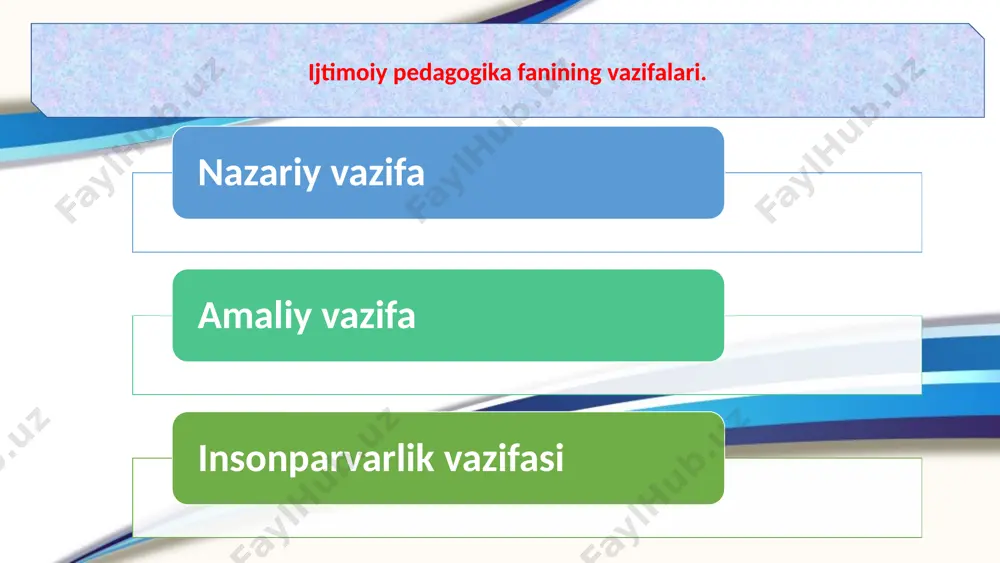 i: diagnostika qilish tarbiyalanuvchilarning xulq-atvordagi me’yordan chiqish holatlari aniqlanib, ruhiy holati o`rganilib psixologga murojaat qilinadi. bola katta bo`lgan mikromuhit o`rganiladi., tahlil qilish yo`llari bevosita bola bilan suhbat qilish, o`rganish, turli anketa savollari yordamida tahlil jarayoni amalga oshiriladi taxmin qilish: boladagi o`zgarish sabablari taxmin qilinadi; xulq-atvordagi chetlanishlarni bartaraf etish yo`llari taxmin qilinadi. tarbiyachi va psixolog bilan birga ish olib boriladi ta’lim-tarbiyaviy, huquqni himoya qilish, tashkilotchilik, kommunikativlik kabilar ham amalga oshiriladi. 17 tarbiyalanuvchining ijtimoiylashuviga ta’sir etuvchi faktorlar quyidagilar: 1 muhit axborot manbalari 2 tengdoshlari qiziqishlari 3 moddiy va ma’naviy ehtiyojlar bolalarni jamiyatga moslashishga, o‘zaro muloqot qilishga o‘rgatish. 4 atrofdagilar bilan muloqot o`rnatish imkoniyati 18 tarbiyachi kompetensiyasi modeli kasbiy qadriyat kasbiy ko`nikma va malaka kasbiy bilim va tushuncha 19 tarbiyachining kasbiy sifatlari -pedagogika va psixologiya faniga doir bilimlarga ega bo`lishi; -o`z sohasini mukammal bilishi; -aktdan foydalana olishi; -tarbiyalanuvchilarda motivatsiyani shakllantirish; -ta’lim jarayoniga yangiliklar kiritish; -xorijiy tillarni bilish; -o`z ustida ishlash shaxsiy sifatlari: umumiy …