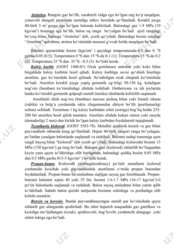niladigan materiallar va asbob uskunalar. materiallarga ishlov berishda qirqishda va uni payvandlashda asosiy material bo‘lib, quyidagi gazlar ishlatiladi. argon. bu xidsiz rangsiz bir atomli inert gaz. (gost 10157-79). qo‘llaniladigan joyiga maxsus a-xildagi (gost 949-73) kulrang ranga bo‘yalgan bo‘lib “toza argon” deb yozilgan yozuvga ega bo‘ladi, 15 mpa (150 kgs/sm2 ) bosimda bo‘ladigan balonlarda ob’ektga keltiriladi. argon gazi payvand chokiga yuqori talab qo‘yiladigan vыsokolegirovannыx titan, alyuminiy, magniy kabi metallar va ularning qotishmalarini payvandlashda qo‘llaniladi. geliy. bir atomli rangsiz va xidsiz inert gaz (gost 20461-75) ikki xil bo‘ladi: texnik va yuqori chastotali bo‘ladi. a – xildagi balonlarda tashiladi. balondagi bosim 15mpa (150 kgs/ sm2) ga teng bo‘ladi. balon jigar ranga bo‘yalgan bo‘lib,unga oq rangda “ geliy “ deb yozilgan yozuvga ega bo‘ladi. “geliy” gazi “argon” gazi ishlatiladigan metallarni payvandlashda qo‘llaniladi ammo u “geliy” gazidan ancha qimmat bo‘lganligi uchun ishlab chiqarishda ancha kam qo‘llaniladi. hidsiz gaz. (uglekislыy gaz, dvuokis ugleroda). ikki xilda tayyorlanadi …
