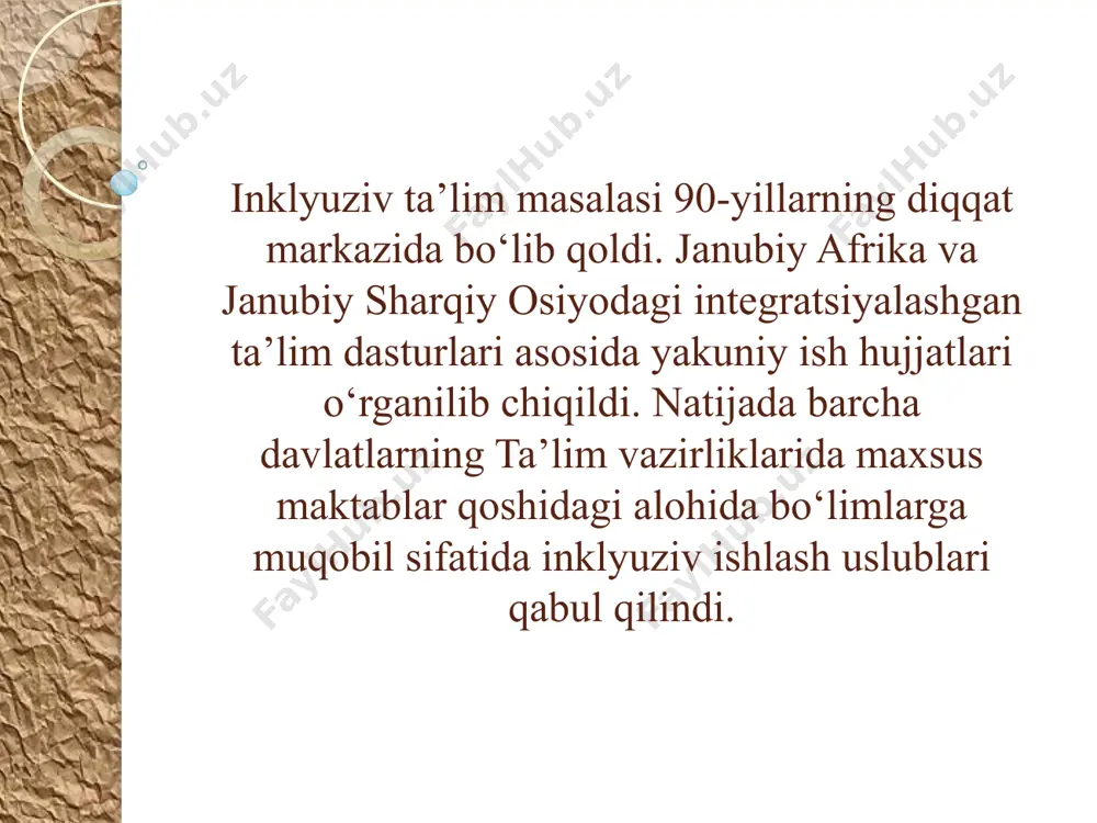 ing jamiyatga o‘z xissalarini qo‘shishilarini rag‘batlantirish uchun - sinf o‘qituvchisiga maslaxat va yordam berish; - maxsus ukitish kullanmalari va yordamchi materiallar bilan ta’minlash; - ota – onalar, kungillilar yoki katta o‘qituvchilar tomonidan mavjud bo‘lgan yordamlarni ta’minlash; - o‘quv reja dars jadvali, baxolash mezolariga moslashtirish va o‘zgarishlar bilan tanishtirish; - o‘qituvchilar bilim va malakalarini oshirish uchun sharoit yaratish; - faol qo‘llab – quvvatlovchi raxbar va shu kabilarni uz imkoniyati cheklanganiga olgan ijobiy maktab muxitini tashkil etish va ta’lim jarayonida do‘stona munosabatni shakllantirish; - ma’muriyatga bolalarning aniqlash va baxolashda yordam ko‘rsatish; - ijtimoiy psixologik va sog‘liqni saqlash xizmatlarini muvofiqlashtirish kabi ishlarni amalga oshirishdan iborat. inklyuziv ta’lim metodik yordam turi, turli xil shakllarda bo‘lib, ular kuyidagilarni o‘z ichiga oladi: inklyuziv ta’lim tizimida o‘quv-tarbiya jarayonining tashkil etilishi: inklyuziv ta’lim amalga oshirayotgan umumta’lim maktabdagi sinflarda integratsiya qilingan o‘quvchilar soni 3-4 nafardan oshirilmaydi hamda o‘quvchilarning umumiy soni 25 nafargacha belgilanadi o‘qituvchi ko‘rishida nuqsoni bo‘lgan boladan (agarda …