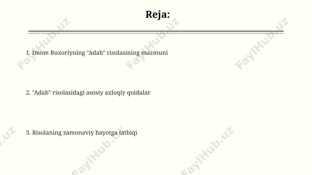 asavvuf kabi turli sohalarga taalluqli 200 ga yaqin boblarga boʻlingan. kitobda bayon etilgan hadislar inson hayotining turli jihatlarini, jumladan, oilaviy munosabatlar, jamiyatdagi oʻzaro munosabatlar va ibodatlarni qamrab oladi, 5 ta asosiy mavzuga bo'linadi. “adab ul-mufrad” 1000 dan ortiq hadislarni oʻz ichiga olgan boʻlib, ularning aksariyati paygʻambarimiz muhammad (s.a.v.)ning odob-axloqqa oid soʻzlari va amallaridan iborat. kitobning tuzilishi va mazmuni kitobning tuzilishi mantiqiy ketma-ketlikka ega boʻlib, adabning kichik va katta jihatlarini, masalan, shaxsiy gigiyena va jamiyatdagi oʻzaro munosabatlarni qamrab oladi. ushbu risolada 700 dan ortiq hadislar toʻplangan boʻlib, ularning aksariyati paygʻambarimiz muhammad (s.a.v.)ning soʻzlari va amallariga oiddir. kitob 58 bobdan iborat boʻlib, har bir bobda adabning turli jihatlari, masalan, ovqatlanish, kiyinish, suhbatlashish va boshqa ijtimoiy munosabatlarga oid hadislar keltirilgan. "adab ul-mufrad"dagi hadislarning ahamiyati kitobdagi hadislarning mavzusi keng qamrovli bo'lib, taomlanish, kiyinish, suhbatlashish, sayohat qilish kabi turli sohalarni o'z ichiga oladi va bu hadislar 7-asrga oid muhim ijtimoiy va madaniy ma'lumotlarni beradi. "adab …