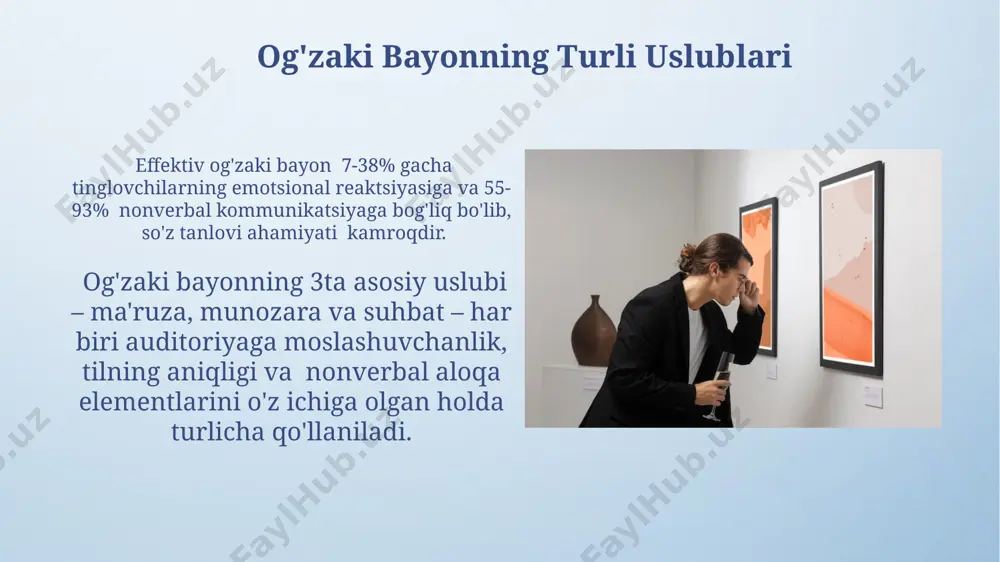 shuning uchun ularni ehtiyotkorlik bilan tanlash muhim. og'zaki nutqning samarasini oshirish nutqning ta'sirchanligini kuchaytirish uchun ma'lumotlarni 5 ta asosiy fikr atrofida tuzish va har bir fikrni misollar bilan mustahkamlash kerak. e'tiborni jalb qilish va esda qolishni yaxshilash uchun nutq davomida kamida 7 marta ritmik pauzalar qo'llash tavsiya etiladi. his-tuyg'ularni ifoda etish og'zaki nutqda, semantik sohalar soni 7 ga yaqin bo'lsa, hissiy sohalar soni ancha yuqori va nutqning hissiy kontekstini boyitadi. og'zaki nutqda his-tuyg'ularni ifoda etishda intonatsiya, pauza va ohang 30% dan ortiq ma'lumot yetkazishda ishtirok etadi, qolgan qismi so'zlarning o'ziga to'g'ri keladi. e'tiboringiz uchun rahmat @taqdimot_robot image4.png image5.jpg image6.jpg image7.jpg image8.jpg image9.jpg image10.jpg image11.jpg image12.jpg image13.jpg image14.jpg image15.jpg image16.jpg image17.jpg image18.jpg image19.jpg image20.jpg image21.jpg image3.jpeg