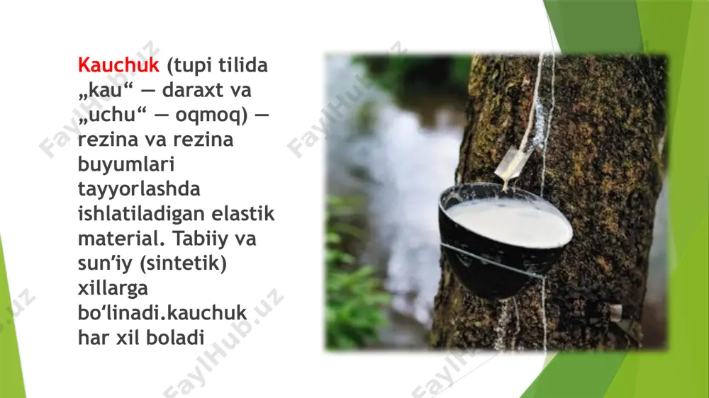 , polimerlanish jarayonida yogʻ, qorakuya va b. toʻldiruvchilar qoʻllab olinadigan kauchuk ham sintetik kauchukdir baʼzi sintetik kauchuklarni olishda uglevodorodlarning bifunksional hosilalarini polikondensatlash usuli qoʻllaniladi. sintetik kauchuk olish 2 asosiy jarayon: monomer (kauchogen)lar tayyorlash va ularni polimerlash yoki polikondensatlashdan iborat. butadiyen, stirol, izopren, xlorpren, izobutilen, akrilonitril (vinil sianid) va b. kauchogenlar sifatida ishlatiladi. kauchogenlarning oʻzi esa neft krekingi gazi, tabiiy va yoʻlakay gazlar, etil spirtidan olinadi. kauchogenlarni polimerlash jarayonida monomerlar katalizator (mas, natriy metali) ishtirokida (monomerning oʻzi yoki eritmasi, suvli emulsiyasi) qizdiriladi. baʼzi sintetik kauchuklar texnik xossalari (mas, issiqqa, erituvchilarga, yemiruvchi muhitlarga va ishqalanishga, yorugʻlik va ozon taʼsiriga chidamliligi, gaz oʻtkazmasligi va b.)ga koʻra, tabiiy kauchukdan afzal. sinetik kauchuklardan 50 mingga yaqin nomda mahsulotlar ishlab chiqariladi. birinchi sintetik kauchukni 1879-yil g. busharda (fransiya) olgan; sanoat miqyosida ishlab chiqarishni s. v. lebedev (rossiya) 1932-yilda yoʻlga qoʻydi. sintetik kauchuk olish iklim va geografik sharoitlarga bogʻliq boʻlmaganligi, mehnat unumdorligining yuqoriligi va arzon xom ashyo …