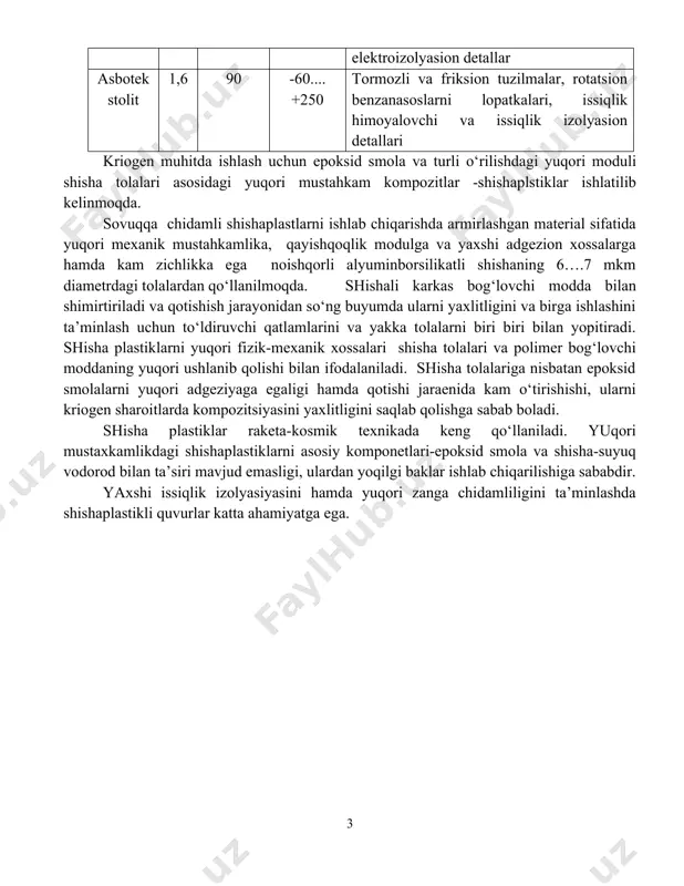 astlarni xossalari va qo‘llanilishi -jadval plastmassa turi zichligi g/sm3 cho‘zilishidagi mustahkamligi, mpa ishchi tempera tura diapazoni, 0s qo‘llanilishi ko‘llami feno plast 1,7 30 -60.... +140 kam yuklanuvchi detallar, priborlar korpuslari,panellar, elektroizolyasion detallar aminoplast 1,8 80 -60.... +130 yorutuvchi apparatura detallari, elektrotexnik va elektroizolyasion detallar, maishiy buyumlar tolali 1,6 50 -60.... +200 shkivlar, maxoviklar, vtulkalar, disklar, yuqori antifriksion xossalarga ega detallar teksto lit 1,3 95 -60.... +160 shesternilar, vtulkalar, sig‘anchik podshipniklar, konstruksion va elektroizolyasion detallar asbotekstolit 1,6 90 -60.... +250 tormozli va friksion tuzilmalar, rotatsion benzanasoslarni lopatkalari, issiqlik himoyalovchi va issiqlik izolyasion detallari kriogen muhitda ishlash uchun epoksid smola va turli o‘rilishdagi yuqori moduli shisha tolalari asosidagi yuqori mustahkam kompozitlar -shishaplstiklar ishlatilib kelinmoqda. sovuqqa chidamli shishaplastlarni ishlab chiqarishda armirlashgan material sifatida yuqori mexanik mustahkamlika, qayishqoqlik modulga va yaxshi adgezion xossalarga hamda kam zichlikka ega noishqorli alyuminborsilikatli shishaning 6….7 mkm diametrdagi tolalardan qo‘llanilmoqda. shishali karkas bog‘lovchi modda bilan shimirtiriladi va qotishish jarayonidan …