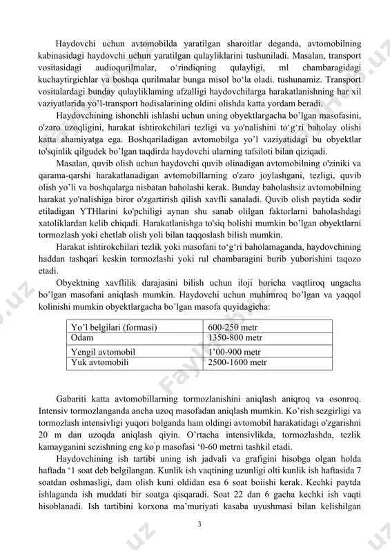 yo‘nalishiga ko‘ndalang harakatlanayotgan obyektlar aniqroq ko‘rinadi. ko‘rinish yo‘nalishi bo‘ylab masofani aniqlashga haydovchiga tez-tez zarurat bo’ladi, masalan, yo‘l-yo‘lakay yoki qarama-qarshi avtomobilgacha ko‘rinish yo‘nali shiga nisbatan burchak ostida harakatlanayotgan obyektlarga qaraganda yo’nalish bo‘ylab joylashgan obyektlar masofasini olchash aniqligi kamroq (ayniqsa masofa 200-250 metrdan ko‘p bo‘lsa buni yaqqol his qilish mumkin). ko‘rinish yo‘nalishiga burchak ostidagi obyektlar harakatlanish tezligi qo‘zg‘almas narsalarga nisbatan, agar u ko‘rinish yo‘nalishi bo‘ylab harakatlanayotgan bo‘lsa, obyektni qamrab olgan burchakning o‘zgarishi bilan aniqlanib, oxirgisini aniqlash darajasi esa pastroq bo‘ladi. avtomobilning harakatlanish tezligi oshganda ham aniqlash darajasi past bo‘ladi. avtomobil tezligi soatiga 80 km bo‘lganda soatiga 60 km dagidan 30% ga kam bo’ladi, qarama-qarshi harakatlanayotgan transport vositasi tezligini aniqlash maqsadida haydovchi nigohini 3 soniyagacha unga qaratishi mumkin, bunda u boshqa obyektlami kuzatishdan beixtiyor to‘xtaydi. bu esa juda xavfli holatni keltirib chiqarishi mumkin. yo’lakay harakatlanayotgan transport vositalarining tezligini chamalash, quvib o‘tishga tayyorlanish va transport oqimida harakatlanayotganda zarur. oldingi avtomobil tormozlanganini to‘xtash chiroqlarining yonganidan, …