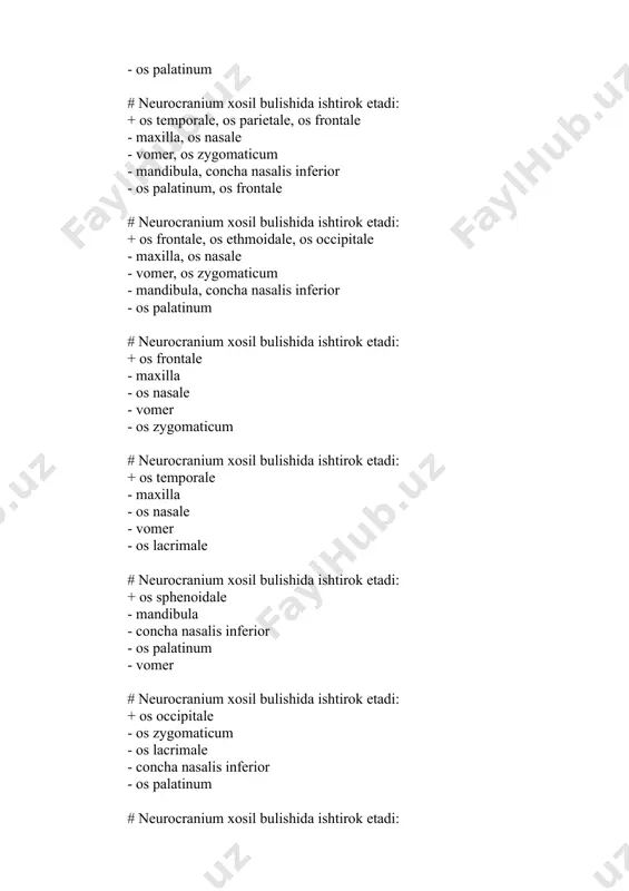 cessus frontalis - sulcus infraorbitalis - foramen supraorbitale - processus coronoideus - processus lacrimalis # mandibula da bo‘ladi: + tuberositas masseterica - foramen palatinum majus - foramen sphenopalatinum - facies sphenoidalis - sulcus supraorbitalis # mandibula da bo‘ladi: + septa interalveolaria - facies sphenoidalis - foramen sphenopalatinum - foramen palatinum majus - sulcus supraorbitalis # mandibula da bo‘ladi: + processus coronoideus - sulcus supraorbitalis - foramen sphenopalatinum - foramen palatinum majus - facies sphenoidalis # mandibula da bo‘ladi: + fossa digastrica - foramen sphenopalatinum - foramen palatinum majus - facies sphenoidalis - sulcus supraorbitalis # mandibula da bo‘ladi: + foramen mentale - foramen sphenopalatinum - foramen palatinum majus - facies sphenoidalis - sulcus supraorbitalis # qaysi bugim bir uqli? + art.radioulnaris - art.coxae - art.genu - art.radiocarpea - art.humeri # qaysi bugim kup uqli? + art.coxae - art.genu - art.talocruralis - art.cubiti - art.interphalangea # umurtqa tanalari nima orkali birikishadi? …