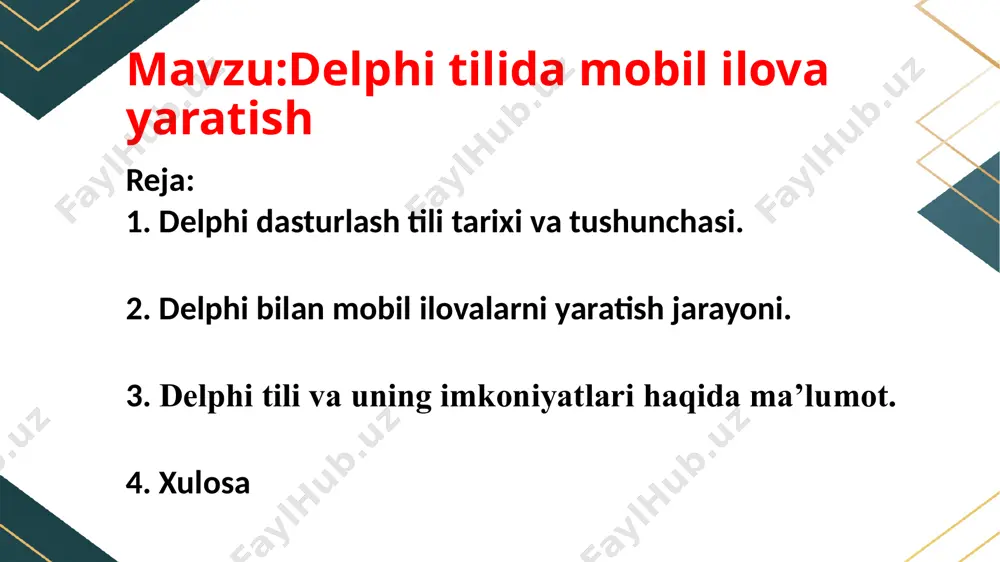 application development) muhitida tezda dastur yaratish va tahrirlash mumkin. soddalik va qulaylik: delphi sintaksisi o'qilishi oson va samarali. dasturchi vaqtni tejash uchun firemonkey kutubxonalari bilan tezda ishlay oladi. mobil qurilmalarga moslashuvchanlik: delphi ilovalari mobil qurilmalarga, xususan ekran o'lchamlari va sensorlarga mos ravishda ishlaydi. mobil ilovalar yaratish: delphi ning mobil platformalar uchun qo‘llab-quvvatlanishi embarcadero rad studio orqali amalga oshiriladi. rad studio (rapid application development studio) yordamida delphi dasturlari tezkor ishlab chiqilishi mumkin. delphi yordamida android va ios platformalari uchun mobil ilovalar yaratish mumkin. bu, delphi ning ko‘plab foydalanuvchilariga bir nechta platformalar uchun bir vaqtning o‘zida ilova yaratish imkoniyatini beradi. delphi dasturlash tili uchun paskal dasturlash tili asos qilib olingan. bu ikki tilning qanday o‘xshashlik va farqli tomonlari bor? bilamizki, paskalda biror kattaroq dastur, masalan amaliy dasturlar majmuini tuzmoqchi bo‘lsak, albatta biz modulli dasturlashdan foydalanamiz. ya’ni qo‘yilgan masalani kichikroq bo‘laklarga bo‘lib olamiz va shular bilan ishlaymiz. natijani olish uchun esa, bu bo‘laklarni …