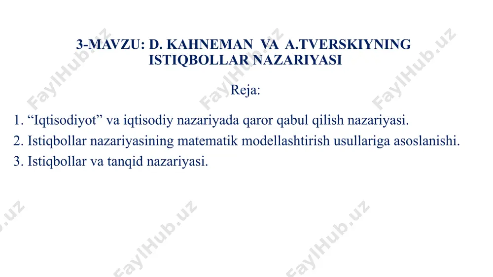 qarordan maksimal darajada foyda koʻrmaydilar, balki eng katta psixologik nuqtai nazarga ega variantni tanlaydilar, deb taʼkidlanadi. tajribalar davomida aniqlanganidek, odamlar oʻz yutuqlari haqida koʻproq daromad olishdan koʻra koʻproq tashvishlanadilar, shuning uchun ular eng yuqori psixologik qulaylik variantini tanlashlari muhim, faqat shunda ular rentabellikni hisobga olishadi. birinchidan, odamlar yutqazish yoki yutishlariga qarab, ekvivalent vaziyatlarga (daromad va zarar nisbati boʻyicha) turlicha javob berishlari aniqlandi. bu hodisa farovonlikning oʻzgarishiga assimetrik javob deb ataladi. bir kishi yoʻqotishdan qoʻrqadi, yaʼni uning yoʻqotishlar va daromadlar haqidagi his-tuygʻulari assimetrikdir: odamni sotib olishdan qoniqish darajasi, masalan, 100 dollar, xuddi shu miqdorni yoʻqotishdan umidsizlik darajasidan ancha past, shuning uchun odamlar yoʻqotishdan qochish uchun tavakkal qilishga tayyor, lekin foyda olish uchun tavakkal qilishga moyil emaslar. ikkinchidan, tajribalar shuni koʻrsatdiki, odamlar ehtimollik toʻgʻrisida notoʻgʻri baho berishga moyil: ular yuzaga kelishi mumkin boʻlgan voqealar ehtimolini yetarlicha baholamaydilar va ehtimoli kamroq boʻlgan voqealarni ortiqcha baholaydilar. olimlar qiziq bir modelni kashf etishdi: ehtimollik nazariyasini …