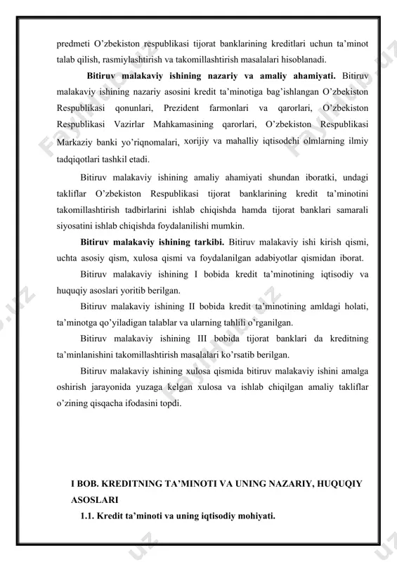 ligidir. ushbu muammoni qisman hal etish, ya’ni mijoz tomonidan kreditni qaytara olmaslik riskini kamaytirish yo’llaridan biri mijoz mulkining ma’lum qismini berilgan kredit uchun garov sifatida talab qilishdir. bizga yaxshi ma'lumki, risk bank faoliyatining «hamroxi» hisoblanadi. banklar aktivlarining juda katta qismini riskli aktivlar tashkil qilib, kredit esa bankning eng baland riskli (100 foiz riskli) aktiv operatsiyasi hisoblanadi. kredit operatsiyasidagi eng katta risk uning ya'ni, berilgan kreditning qaytmaslik riskidir. shu bois, kreditni ta'minlanganligi birinchidan, kreditning qaytmasligi bilan bog’liq xavfni (riskni) kamaytiradi yoki oldini oladi, ikkinchidan, kredit bilan bog’liq yo'qotishlarni oldini oladi, uchinchidan, qarz mablag’larining bankka qaytarilishini kafolatlaydi. kreditning ta'minlanganligi deganda, beriladigan kreditning qaytarilishi aniq moddiy qimmatliklar, pul hujjatlari yoki pul mablag’larini olishga bo’lgan huquq bilan kafolatlangan bo'lishi tushuniladi. tijorat banklari tomonidan beriladigan kreditlarning ta’minlanganligiga ko'ra ikki guruhga bo’lishimiz mumkin: · ta’minlangan kreditlar; · ta’minlanmagan kreditlar. kreditning ta’minlanganligi aniq garov ob'ektini tegishli tartibda rasmiylashtirish yo'li bilan amalga oshiriladi. lekin ayrim hollarda masalan, yirik …