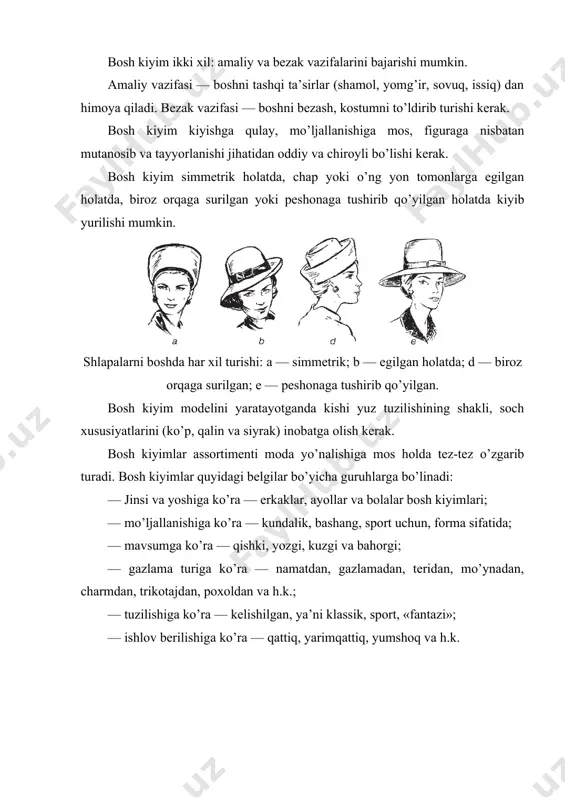va aralash usullarda ip gazlama, zig’ir, viskoza, sintetik matolardan va qo’y, qorako’l, quyon, dengiz mushugi, andatra, norka, smushka, merlushka kabi mo’ynalardan tayyorlanadi. tasnifiga ko’ra erkaklar bosh kiyimi klassik, formalik, sport va milliyga bo’linadi. yoshlar bosh kiyimi ip gazlama, zig’ir, viskoza, sintetik, shoyi, charm, uzun va kalta tukli mo’ynalardan beret kapushon, shlem, shapka, kopor va h. k. tikiladi. ular yaxlit va aralash usulda tayyorlanishi mumkin. o’smir bolalar bosh kiyimi ham yaxlit va aralash usulda tayyorlanadi. asosan: ip gazlama, zig’ir, viskoza, namat hamda qo’y, merlushka, quyon mo’ynalaridan o’smir bolalar uchun beret, kapushon, shlem, shlapka, kapor, telpaklar tikiladi. mo’ljallanishiga ko’ra bosh kiyimlar: kundalik kiyishga, ishlab chiqarish, sport bilan shug’ullanuvchilar uchun va formalikka ajratiladi. kundalik bosh kiyimlar oddiy shaklda va kiyishga qulay bo’lishi lozim. ularni yaxlit va aralash usulda tayyorlash mumkin. bunda, qimmatbaho mo’ynalaridan (sobol, norka, kumush-qora tulki, pesets, kunitsa, qorako’l va qorako’lcha) keng foydalanadilar. kundalik bosh kiyimlar oddiy shaklda, chiroyli hamda kiyishda qulay …