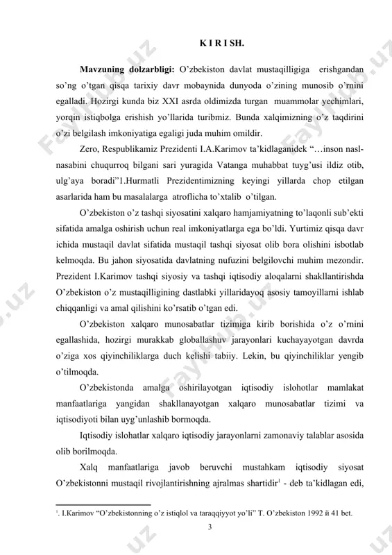 hqi siyosiy, savdo-iqtisodiy faoliyatida m.d.h. davlatlari shu jumladan, rossiya federatsiyasi bilan ko’p tomonlama manfaatli hamkorlik olib bormoqda. o’zbekiston-rossiya bular bari bir-biri bilan madaniy-ma’naviy, iqtisodiy jihatdan tarixan bog’langan «eski» qadrdonlardir. davlatlarimiz o’rtasidagi munosabatlar rivojlanishi ancha uzoq tarixga egadir. temuriylar, shayboniylar davrida xviii-xix asrlarda markaziy osiyodagi xonliklar davrida ikki o’rtada din va savdo-iqtisodiy munosabatlar yo’lga qo’yilgan edi. mustaqillik davrida bu hamkorlik aloqalari yangi bosqichga ko’tarildi. hozirgi kunda esa ma’lumki ittifoqchilik darajasidadir. i.karimov mustaqillikning dastlabki yillaridayoq; - «bugungi vaziyatda rossiyadagi ahvolni puxta tahlil etib, uning dunyodagi buyuk davlatlardan biri ekani va bunga ko’p tomonlama yaqin ekanligini aslo unutmasligimiz lozim. rossiya o’zbekistonning tashqi siyosatida doimo e’tiborli o’rin tutadi» degan edi. albatta, birinchi o’rinda mustaqilligimizni mustahkamlash, yurtimiz uchun tinchlik, barqarorlikni ta’minlash, fuqarolarimizga erkin-farovon turmushni yaratib berishda o’zbekistonga rossiya bilan hamkorlik aloqalarini mustahkamlash muhim omildir. bu masalada prezident i.karimov: -«xonadonimizni avaylab-asrash, mavjud chegaralarni saqlab qolish uchun qudratli potensialga ega bo’lgan rossiya tomonidan madad zarur» - deb …
