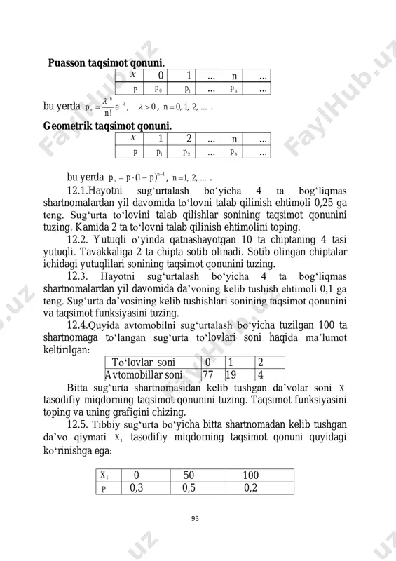 avomida da‘voning kelib tushish ehtimoli 0,1 ga teng. sug‗urta da‘vosining kelib tushishlari sonining taqsimot qonunini va taqsimot funksiyasini tuzing. 12.4.quyida avtomobilni sug‗urtalash bo‗yicha tuzilgan 100 ta shartnomaga to‗langan sug‗urta to‗lovlari soni haqida ma‘lumot keltirilgan: to‗lovlar soni 0 1 2 avtomobillar soni 77 19 4 bitta sug‗urta shartnomasidan kelib tushgan da‘volar soni x tasodifiy miqdorning taqsimot qonunini tuzing. taqsimot funksiyasini toping va uning grafigini chizing. 12.5. tibbiy sug‗urta bo‗yicha bitta shartnomadan kelib tushgan da‘vo qiymati 1x tasodifiy miqdorning taqsimot qonuni quyidagi ko‗rinishga ega: 1x 0 50 100 p 0,3 0,5 0,2 96 xuddi shu turdagi 2-shartnoma bo‗yicha taqsimot qonuni quyidagi ko‗rinishga ega: 2x 0 50 150 p 0,6 0,3 0,1 1 2x x tasodifiy miqdorning taqsimot qonuni va taqsimot funksiyasini toping. 12.6. barselona klubining har bir o‗yinda yutish ehtimoli 0.9 ga teng bo‗lsa, birinchi marta yutkazgunga qadar o‗yinlar soni taksimot qonunini tuzing. 12.7. x tasodifiy miqdor n,...,2,1,0 qiymatlarni bir xil ehtimollar …