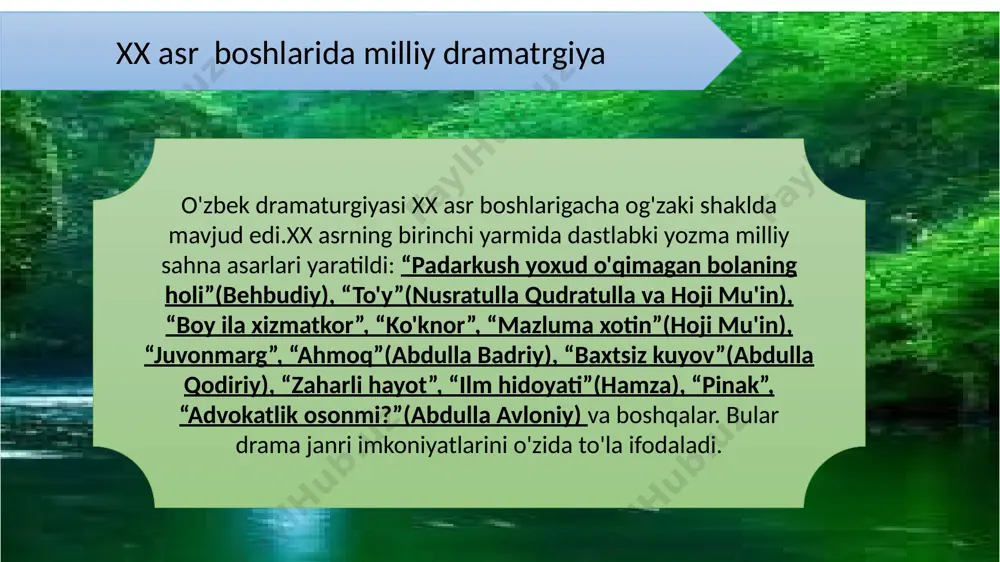 , uning o'g'li toshmurod, yangi fikrli domla, ruscha tahsil olgan ziyoli, boyning mirzasi xayrullo, boyning qotili bo'lgan tanbgriqul va boshqa obrazlar qatnashadi. dramaturg ilgari surgan ma'rifatparvaralik g'oyasi shu obrazlarning o'zaro suhbatlai, bahs-munozaralari jarayonida namoyon bo'ladi. har bir obraz tabiatiga xos fazilat, xususiyat va qusurlar ularning gap-so'zlari, xatti-harakati, muallif tomonidan berilgan kichik izohlar yordamida ko'rsatiladi. jaholatga qarshi ma'rifat muallif boy obrazi orqali pul, mol-dunyoga ega bo'lgan, ammo uni ilm yo'li, farzand tarbiyasi uchun sarflashni o'ylamagan kimsa qiyofasini beradi. eng achinarlisi, boy domlaning ham, ziyolining ham nasihat va maslahatlariga quloq tutmaydi; savollariga qo'pollik bilan loqayd javob beradi. bu hamma narsani - inson qadrini ham boylik bilan o'lchaydi; o'z boyligi tufayli hamma-hamma ularni “izzat qilishadi” degan fikr bilan yashaydi. dramada boyning eng katta xatosi ziyoli kishilarning so'zlariga quloq solmasdan, quloq solsa ham, noilojlikdan, mudrab, o'z jigarbandining taqdiriga befarq qaraganidir. agar e'tibor berilsa, avval boy huzuriga domla kirib boradi. boyni ilm-ma'rifatga, o'g'lini o'qitish zarurligiga …