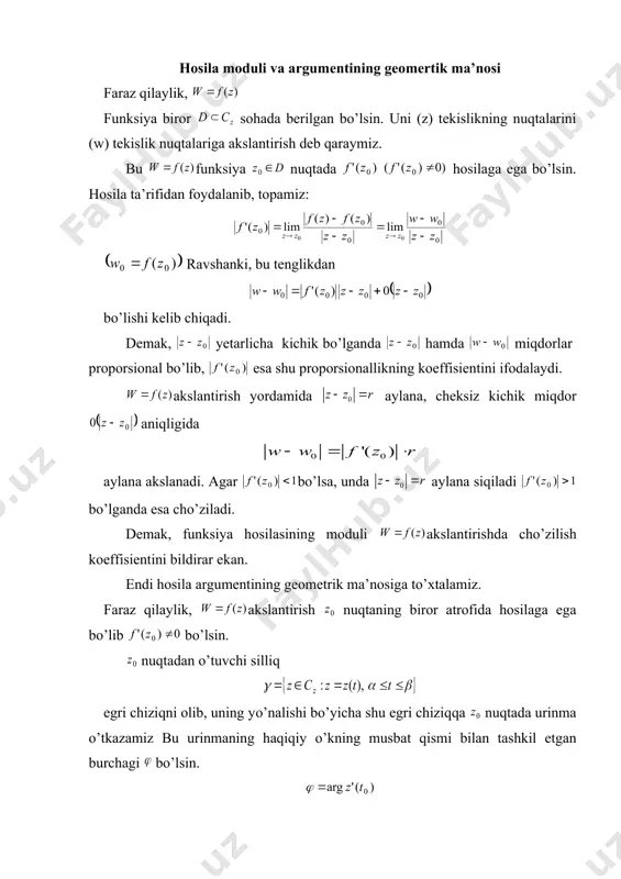sh nuqtaning biror atrofida hosilaga ega bo’lib bo’lsin. nuqtadan o’tuvchi silliq egri chiziqni olib, uning yo’nalishi bo’yicha shu egri chiziqqa nuqtada urinma o’tkazamiz bu urinmaning haqiqiy o’kning musbat qismi bilan tashkil etgan burchagi bo’lsin. akslantirish esa egri chiziqni tekislikda g egri chiziqqa o’tkazsin. murakkab funksiyaning hosilasini hisoblash qoidasiga binoan bo’lib, t=t0 da embed equation.3 bo’ladi. shartga ko’ra va ( ning silliqligidan) bo’lgani uchun bo’ladi. binobarin, nuqtada egri chiziqning urinmasi mavjud. bu urinmaning burchak koeffitsentini bilan belgilaymiz: tenglikdan ya’ni kelib chiqadi. agar mikdorning akslantirish natijasida egri chiziqning nuqtadagi burilishi burchagi ekanligini e’tiborga olsak, u holda (2) tenglikdan nuqtadan o’tuvchi barcha silliq egri chiziqlar bir xil burchakka burilishini ko’ramiz (burchakning saqlanishi). ta’rif: agar akslantirish nuqtada cho’zilish va burchak saqlanish xossalariga ega bo’lsa, bunday akslantirishga nuqtada konform akslantirish deyiladi. yuqoridagilardan ko’rinadiki, agar funksiya nuqtaning biror atrofida golomorf bo’lib, bo’lsa, akslantirish nuqtada konform bo’ladi. agar akslantirish d sohada bir yaproqli bo’lib, sohaning har bir …