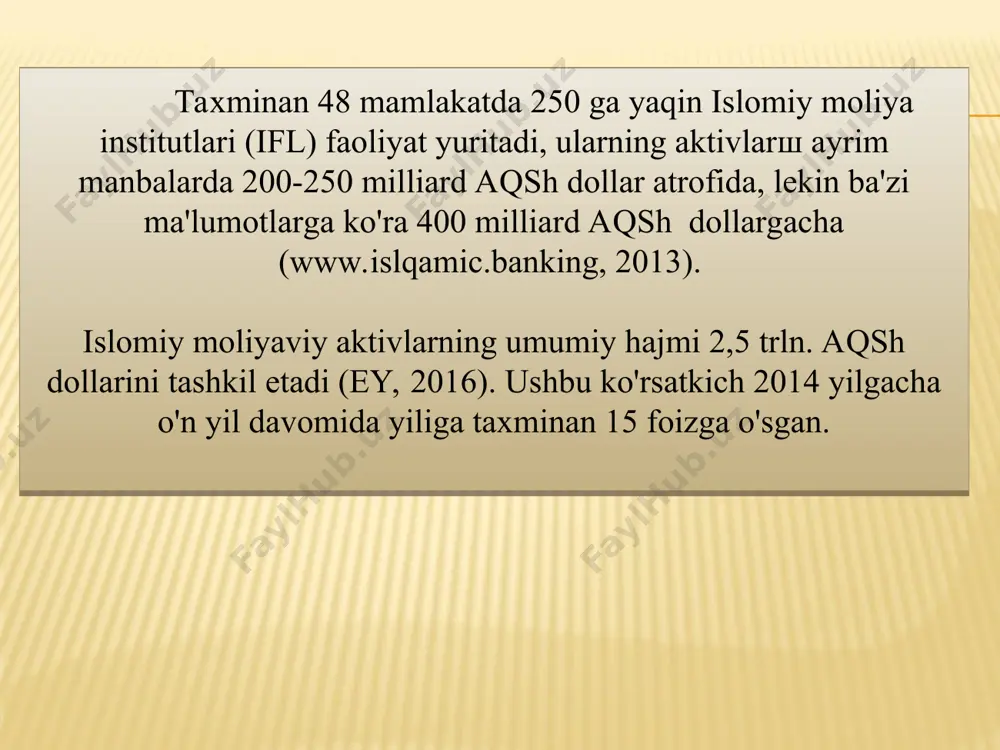 at va moliyalashtirish amaliyoti tufayli farq qiladi; 6) islomiy moliya muassasalari mijozlarning turi va ijtimoiy mavqeidan qat’i nazar, aholining barcha qatlamiga xizmat ko‘rsatadi; 7) islomiy moliya muassasalari o‘zlari tomonidan haqiqatda amalga oshirilgan xarajatlar va xizmatlardan kelib chiqib to‘lovlarni undirishlari shart. misr islomiy bank tizimining tarixi misrda islomiy banklar tashkil etish tarixi 1963 yilda mit gamr jamg‘arma bankini tuzish bilan boshlandi. shundan so‘ng 1972 yilda nasser soshial benk, 1977 yilda faysal islamik benk of idjipt, 1980 yilda xalqaro islomiy investitsiya va rivojlanish banki ish boshladi. 2006 yil iyunida misr markaziy banki xalqaro islomiy investitsiya va rivojlanish bankini boshqa ikki bank– yunayted benk (united bank) va nil benk (nile bank) bilan birlashtirishga qaror qildi va yangi bank yunayted benk deb ataldi. misrning yana bir islomiy banki idjipshn saudi faynens benk (egyptian saudi finance bank) al-baraka benking grupp (albaraka banking group)ning shu’ba korxonasi hisoblanadi. manba: el-ashlel, 1990. 61-bet. yil omonatchilar soni depozitlar umumiy …
