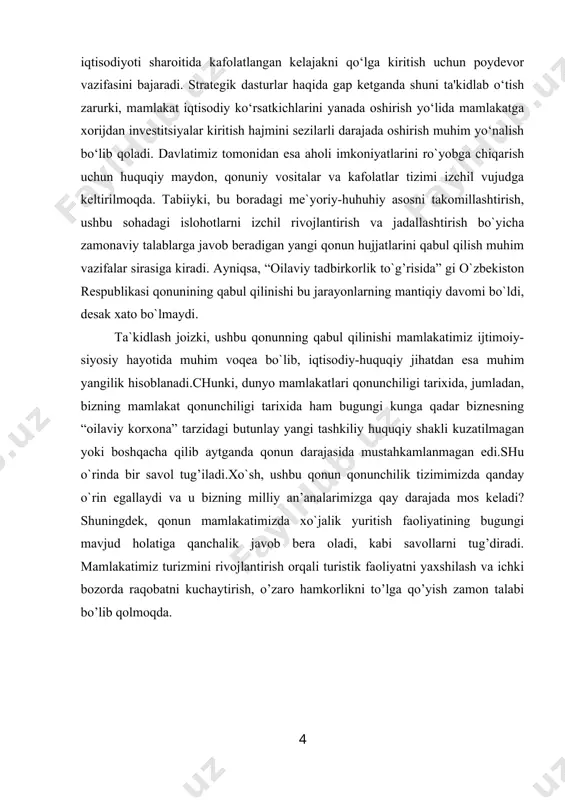 rin egallaydi va u bizning milliy an’analarimizga qay darajada mos keladi? shuningdek, qonun mamlakatimizda xo`jalik yuritish faoliyatining bugungi mavjud holatiga qanchalik javob bera oladi, kabi savollarni tug’diradi. mamlakatimiz turizmini rivojlantirish orqali turistik faoliyatni yaxshilash va ichki bozorda raqobatni kuchaytirish, o’zaro hamkorlikni to’lga qo’yish zamon talabi bo’lib qolmoqda. i.bob. tasniflash jarayonidagi asosiy talablar 1.1o’zbekiston respublikasida mexmonxonalarni tasniflash tizimi funktsional vazifasiga qarab, mehmonxonada vestibyul xonalari guruhi; mijozlar yashaydigan qism; mehmonlar ovqatlanishi uchun mo’ljallangan xonalar, savdo-maishiy xizmat ko’rsatish xonalari; mehmonlar sport bilan shug’ullanishi, hordiq chiqarishi va biznes bilan shug’ullanishi uchun mo’ljallangan xonalar; xizmat xonalari va maishiy xonalar; texnik xonalar. vestibyul xonalari guruhi – mehmonxonaning eng muhim qismlaridan biri. u mehmonlarni kutib olish va kuzatish uchun mo’ljallangan. unda ayrim ishlarni taqsimlash va qayta taqsimlash funktsiyasi amalga oshiriladi. mehmonxonaning mijozlar yashaydigan qismi nomerlarni va ular normal faoliyat ko’rsatishi va ularda tozalikni saqlash uchun zarur xonalarni o’z ichiga oladi. restoranlar, barlar, kafelar va boshqa ovqatlanish korxonalarida …