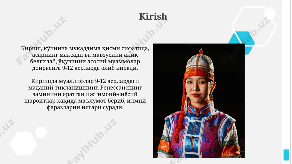 0 dan ortiq shoirlar o'z asarlarini taqdim etdilar. ularning ijodi 100 ga yaqin qo'lyozmalarda saqlanib qolgan. ilm-fan va ta'limning rivojlanishi ix-xii asrlarda matematika, astronomiya va tibbiyot kabi sohalarda muhammad al-xorazmiy, ahmad al-farg'oniy va ibn sino kabi olimlar ilmiy ishlar olib bordilar. bu davrda ilm-fan va ta'limning yuksalishi islom madaniyatining oltin davri bo'lib, unda minglab kitoblar yozildi va tarjima qilindi. madaniy merosning saqlanishi va o'rganilishi ix-xii asrlarda madaniy merosni saqlashda 'vaqf' institutining roli katta boʻlgan, diniy muassasalarga berilgan yerlar madaniy obidalarni moliyalashtirgan. al-beruniyning 'hindiston' asari 1030-yilda yozilgan boʻlib, unda hind madaniyati va ilmi chuqur oʻrganilgan, markaziy osiyo olimining merosini aks ettiradi. adabiyotlar ro'yxati "adabiyotlar ro'yxati" ilmiy ishning muhim qismi bo'lib, unda 10-15 ta asosiy manbalar, kitoblar va maqolalar keltirilishi maqsadga muvofiqdir. ushbu ro'yxat gost 7.1-2003 standartiga muvofiq tuziladi, unda muallif, asar nomi, nashriyot, chop etilgan yili va sahifalar soni kiritilishi shart. madaniy tiklanishning ta'rifi va mohiyati madaniy tiklanish - bu jamiyatning …