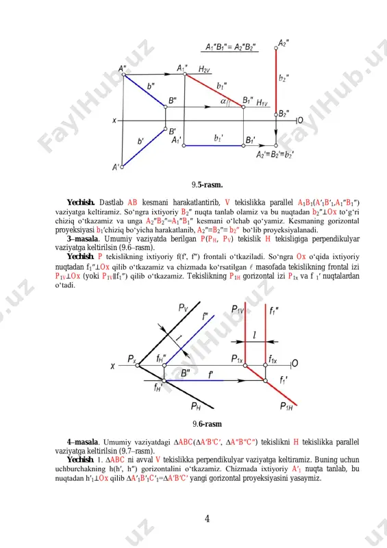 berilgan p(ph, pv) tekislik h tekisligiga perpendikulyar vaziyatga keltirilsin (9.6–rasm). yechish. p tekislikning ixtiyoriy f(f′, f″) frontali o‘tkaziladi. so‘ngra ox o‘qida ixtiyoriy nuqtadan f1″⊥ox qilib o‘tkazamiz va chizmada ko‘rsatilgan  masofada tekislikning frontal izi p1v⊥ox (yoki p1v∥f1″) qilib o‘tkazamiz. tekislikning p1h gorizontal izi p1x va f 1′ nuqtalardan o‘tadi. 9.6-rasm 4–masala. umumiy vaziyatdagi ∆abc(∆a′b′c′, ∆a″b″c″) tekislikni h tekislikka parallel vaziyatga keltirilsin (9.7–rasm). yechish. 1. ∆abc ni avval v tekislikka perpendikulyar vaziyatga keltiramiz. buning uchun uchburchakning h(h′, h″) gorizontalini o‘tkazamiz. chizmada ixtiyoriy a′1 nuqta tanlab, bu nuqtadan h′1⊥ox qilib ∆a′1b′1c′1=∆a′b′c′ yangi gorizontal proyeksiyasini yasaymiz. 5 9.7-rasm. 2. ∆abc ning yangi vaziyati v tekislikka perpendikulyar bo‘lgani uchun uning frontal proyeksiyasi c1″a1″b1″ kesma tarzida proyeksiyalanadi. 3. ixtiyoriy c2″ nuqta tanlab, bu nuqtadan ox o‘qiga parallel to‘g‘ri chiziq o‘tkazamiz va unga c2″a2″b2″=c1″a1″b1″ bo‘lgan kesmani o‘lchab qo‘yamiz. parallel harakatlantirishning qoidasiga muvofiq uchburchak gorizontal proyeksiyasining a2′ b2′ va c2′ nuqtalari mos ravishda v1n, v2n va v3n …