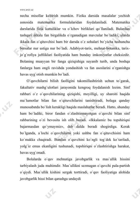 ergak torttiradi, o`quv faoliyatiga alohida javobgarlik hissi bilan qarashga undaydi ma`lumki, ongli intizom va mas`uliyat hissini sezish maktabda olib boriladigan tarbiyaviy ishlar tizimining samarasi hisoblanadi. bolalarning intizomli bo`lishida sinf rahbarining xizmati katta. u darsda va darsdan tashqari vaqtlarda turli tarbiyaviy usullardan foydalanib, bolalarda intizomni tarbiyalab boradi, sinfda aniq rejim va ichki tartib o`rnatishga kirishadi; jihozlash, tozalik va tartibni joriy etib boradi. bu ishlarni sinf rahbari bir o`zi emas, balki o`qituvchilar, sinf jamoasi, faollari va ota-onalar bilan hamkorlikda amalga oshiradi. sinfda intizomni saqlash va joriy qilish faqat sinf rahbarining ishi deb tushunuvchilar ham uchrab turadi. bu mutlaqo noto`g`ri fikr. intizom uchun butun sinf, pedagogik jamoa mas`uldir. intizomni tarbiyalash juda qiyin va murakkab tarbiyaviy jarayondir. shunisi ham borki, ko`p vaqt qilingan mehnatni bir paytni o`zidayoq yo`qqa chiqarish mumkin. masalan, sinf rahbari va ayrim fan o`qituvchilari darslarida bolalar jim, intizomli o`tirishadi, darslarni berilib tinglashadi, o`quv yumushlari bilan band bo`lishadi; ba`zi o`qituvchilarning darslarida buning …