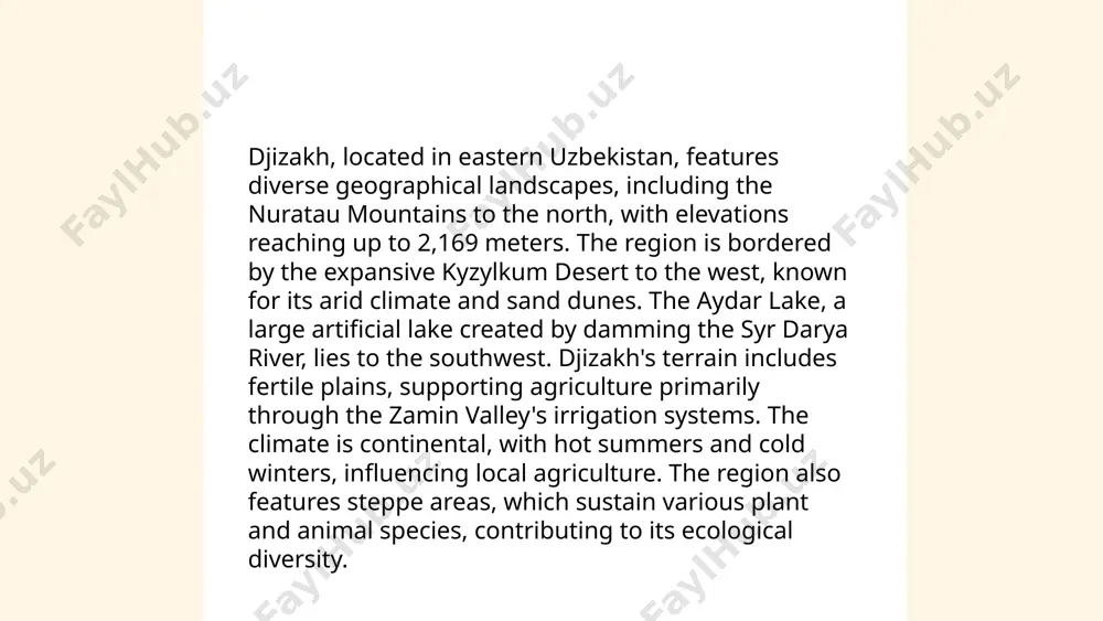 e area is connected by major highways, facilitating road travel to and from key cities like tashkent, samarkand, and bukhara. the m39 highway is a significant route passing through djizakh. public transportation within the city includes buses and taxis. djizakh also has a railway station that connects it to the broader uzbek rail network, providing access to domestic and international trains. the nearest airport is in samarkand, approximately 100 kilometers away, offering flights to regional destinations. future infrastructure projects aim to enhance connectivity and support economic growth in the region. my city is djizakh oygul lutfullayeva thank you for your attention! image1.png image2.png image3.png image4.jpg image5.jpg image6.png image7.jpg /docprops/thumbnail.jpeg