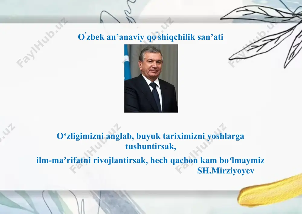 otdavomidaxalqmumtozmusiqasi,an’anaviy kasbiymusiqa,xalqbastakorlikyo‘llari,shuningdek,folklor- havaskorlikmusiqiymerosisingarishaklanvauslubanbir-biriga yaqinijrochilikko‘rinishlaribir-birinito‘ldiribkeldi.ushbu musiqiymerosimizbugungikunimizdahamma'naviy madaniyatimizningbirbo‘lagisifatidanamoyonbo‘lmoqda. mustaqilliksharofatibilanmilliy-ma'naviyqadriyatlarimizga, urf-odatlarimizga,unutilayozgan,tarixanqadrlian’analarimizga bo‘lgane’tibor,ularniyangidanislohetishjarayoniustivor yo‘nalishkasbetdi.milliyqadriyatlarimiz,urf-odatlarimiz, ma'naviyboyligimizgabo‘lgane'tibordavlatmiqyosigako‘tarildi. mustaqillikningdastlabkiyillaridanoqota-bobolarimizdan,aj- dodlarimizdanqolganma'naviyboyliklarni,jumladan,musiqiy madaniyatniavaylabasrash,tiklashborasida,qolaversa,zamon bilanhamohangqadamtashlashborasidatalayginaishlarqilindi. buboradao‘tganajdodlarimizbizlargamerosqilibqoldiribketgan ulkanma'naviyboyligimizasosiyomilbo‘libxizmatqilmoqda. o’zbek an’anaviy qo’shiqchilining yoshlar tarbiyasidagi tutgan o’rni o’zbek xalq qo’shiqlari ming yillar rivojlanishdavrini bosib o’tgan bo’lib, ular mazmuniga qarab ishqiy, mehnat, pand nasihat, vatan, tarixiy epik mazmunga ega. yuqorida sanab o’tilgan qo’shiqlarning eng katta qismini ishqiy mavzudagi lirik qo’shiqlar tashkil etadi. men xx asrning ikkinchi yarmida paydo bo’lgan qo’shiqlar haqida to’xtalib o’tmoqchiman. bu turdagi qo’shiqlarni taniqli bastakorlari: to’xtasin jalilov, nabijon hasanov, saidjon kayunov, muhammadjon mirzaev, muxtorjon murtazoev, saidxo’ja xoldorxo’jaev, abduxoshim ismoiovlar tomonidan yaratildi. marosim,urf-odat,turlihodisavatadbirlarbilanbevosita bog’langan,folklor,xalqijodi marosimxalqqo’shiqlariijodiquyidagilarniqamraboladi. urf-odat,marosimvabayramlartarkibigamehmondo‘stlik an'analari,axloq-odobbilanbog‘liqurf-odatlar,farzandtarbiyasi bilanbog‘liqmarosimlar,beshikto‘yi,ismqo‘yishmarosimi, sunnatto‘yi,sovchilikkaborish,kelinsalom,milliyvamahalliy miqyosdao‘tkaziladigansayllar,hasharlar,tomoshalar,bayramla
