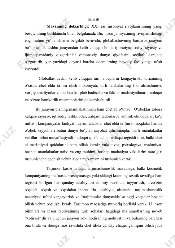 ma’nosiz broshyurasiga yoki shlangi kranning texnik tavsifiga ham tegishli bo‘lgan har qanday adabiyotni doimiy ravishda tayyorlash, o‘zo‘zini o‘qitish, o‘qish va o‘qishdan iborat. ha, adabiyot, aksincha, tarjimashunoslik nazariyasi ufqni kengaytirish va “tarjimonlar dunyosida”so‘nggi voqealar haqida bilish uchun o‘qilishi kerak. tarjimon maqsadga muvofiq bo‘lishi kerak. u inson bilimlari va inson faoliyatining turli sohalari haqidagi ma’lumotlarning noyob “xotirasi” dir va u uchun jarayon yoki hodisaning mohiyatini va bularning barchasi ona tilida va shunga mos ravishda chet tilida qanday chaqirilganligini bilish juda muhimdir. yana bir muhim jihat - chiroyli, yaxshi ifoda etish qobiliyati, ya’ni chet tilini bilish - bu juda yaxshi, lekin gapirish, ona tilida gapirish - katta xato. tarjimonning oratorik mahoratga ega bo‘lishi muhimdir. kurs ishining maqsad va vazifalari: tarjima taktikalari va strategiyalarini tadqiq qilish. tarjimashunoslikning muhim asoslari va tarjimaning ketma ket usulidagi masalalar haqidagi ma’lumotlarni umumlashtirish va qisqacha tavsiflash. sinxron tarjimada strategiya va taktikalarni o’rganish va tahlil qilish. kurs ishi ob’yekti va …