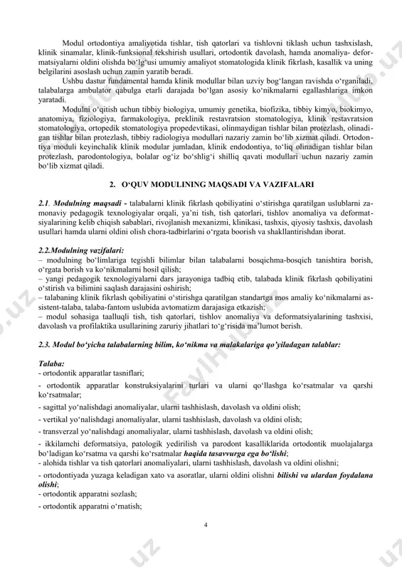 icha talabalarning bilim, ko‘nikma va malakalariga qo’yiladagan talablar: talaba: - ortodontik apparatlar tasniflari; - ortodontik apparatlar konstruksiyalarini turlari va ularni qo‘llashga ko‘rsatmalar va qarshi ko‘rsatmalar; - sagittal yo‘nalishdagi anomaliyalar, ularni tashhislash, davolash va oldini olish; - vertikal yo‘nalishdagi anomaliyalar, ularni tashhislash, davolash va oldini olish; - transverzal yo‘nalishdagi anomaliyalar, ularni tashhislash, davolash va oldini olish; - ikkilamchi deformatsiya, patologik yedirilish va parodont kasalliklarida ortodontik muolajalarga bo‘ladigan ko‘rsatma va qarshi ko‘rsatmalar haqida tasavvurga ega bo‘lishi; - alohida tishlar va tish qatorlari anomaliyalari, ularni tashhislash, davolash va oldini olishni; - ortodontiyada yuzaga keladigan xato va asoratlar, ularni oldini olishni bilishi va ulardan foydalana olishi; - ortodontik apparatni sozlash; - ortodontik apparatni o‘rnatish; - ortodontik apparatni aktivlash; - yechiladigan va yechilmaydigan bolalar protezlarini sozlash va o‘rnatish; - ortodontik-biologik separatsiyani o‘tkazish; - ortodontik plastinkani tez qotuvchi plastmassa yordamida qayta tiklash; - vestibulyar yoyli, vintli, itarib chiqaruvchi prujinali plastinkani aktivlash malakalariga (shu jumladan amaliy ko‘nikmalariga) …