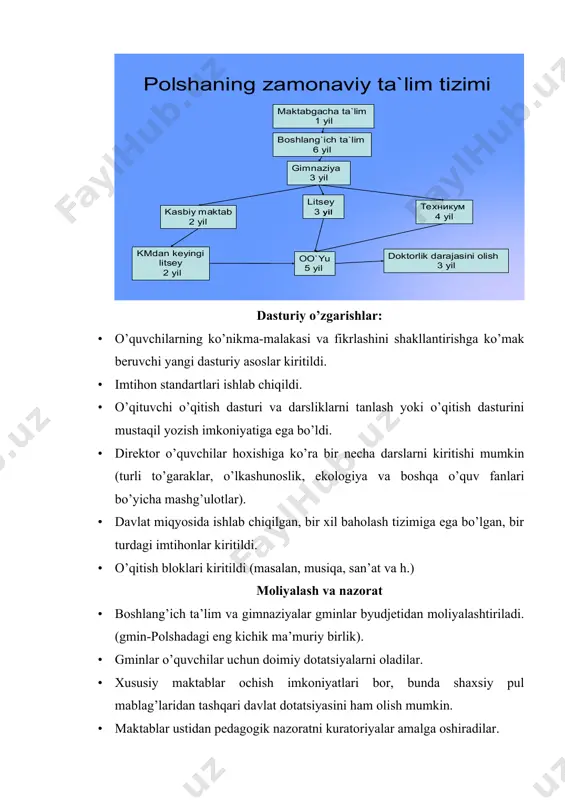 abul qilish yetuklik attestatida to’plagan ballari asosida amalga oshiriladi. · o’qitish zachet va imtixonlar asosida o’tadi. · oo’yuda ikki bosqichli ta’lim mavjud: · magistr darajasini olish (5 yil); · yoki litsenziat(3 yil) + magistr darajasi(2-yil). · oo’yuda o’qish diplom ishi himoyasi bilan yakunlanadi. · texnika oo’yularida injenerlik imtihonlari ham topshiriladi. davlat va xususiy maktablar · xususiy maktablarda sinflarda o’quvchilar soni kam. · davlat maktablarida dars soatlari soni o’qituvchi kartasida aks etadi (qonun bo’yicha haftasiga 18 soat). xususiy maktablarda dars soatlari soni va sharoitlarni ish beruvchi belgilaydi. · xususiy maktablarda ta’lim jarayoniga ota-onalar ta’siri kuchli. · differensiyalashgan ta’lim bosqichi mavjud. · davlat oo’yularining obro’si balandroq. o’qituvchilarning xizmat pog’onalari bo’yicha o’sishi · polshada o’qituvchilarning xizmat pog’onalari bo’yicha o’sishi quyidagi bosqichlarga ega (ketma-ket polyakcha nomi bilan): · yangi ish boshlagan o’qituvchi “stajer o’qituvchi” maqomini oladi. · 9 oy muddatda staj o’tagach, “shartnomali o’qituvchi” maqomiga ega bo’ladi. · 1 yildan keyin esa “mianovan o’qituvchi” …