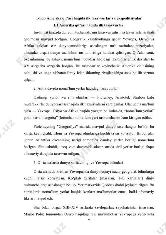 itsiyasi tilga olinadi. taxminan milodiy 1000-yillarda leif eriksson boshchiligidagi norvegiya kelib chiqishiga ega vikinglar grenlandiyadan g‘arbga suzib, shimoliy amerikadagi labrador yoki newfoundland hududlariga yetib borishgan. skandinaviya manbalarida bu yerlar “vinland” nomi bilan ataladi. garchi bu ekspeditsiyalar uzoq davom etmagan bo‘lsa-da, u amerika qit’asiga yevropaliklar tomonidan bo‘lgan ilk real aloqani bildiradi. biroq bu haqda yevropaning markaziy hududlarida keng ma’lumot tarqalmagan. 5. arab va musulmon geograflarining yangi dunyo haqidagi gipotezalari islom olamining o‘rta asrlardagi geografik bilimlari yevropa olimlariga kuchli ta’sir ko‘rsatgan. al-idrisi, ibn battuta, al-mas’udi kabi allomalar yer shakli, dengiz yo‘llari va nomaʼlum yerlar haqidagi bilimlarni chuqur tahlil qilganlar. ularning ayrim yozuvlarida atlantika okeanining narigi tomonida hayot mavjud bo‘lishi mumkinligi, orollar va qitʼalar borligi haqida gipotezalar mavjud. bu bilimlar ispan va portugal dengizchilari tomonidan ham o‘rganilgan. jumladan, kolumb safarlaridan avval arab xaritalari bilan tanish bo‘lgan. 6. kristofor kolumb ekspeditsiyasigacha bo‘lgan yevropa ilmiy qarashlari xv asr oxirlariga kelib, yevropada yerning sharsimonligi to‘g‘risida aniq …