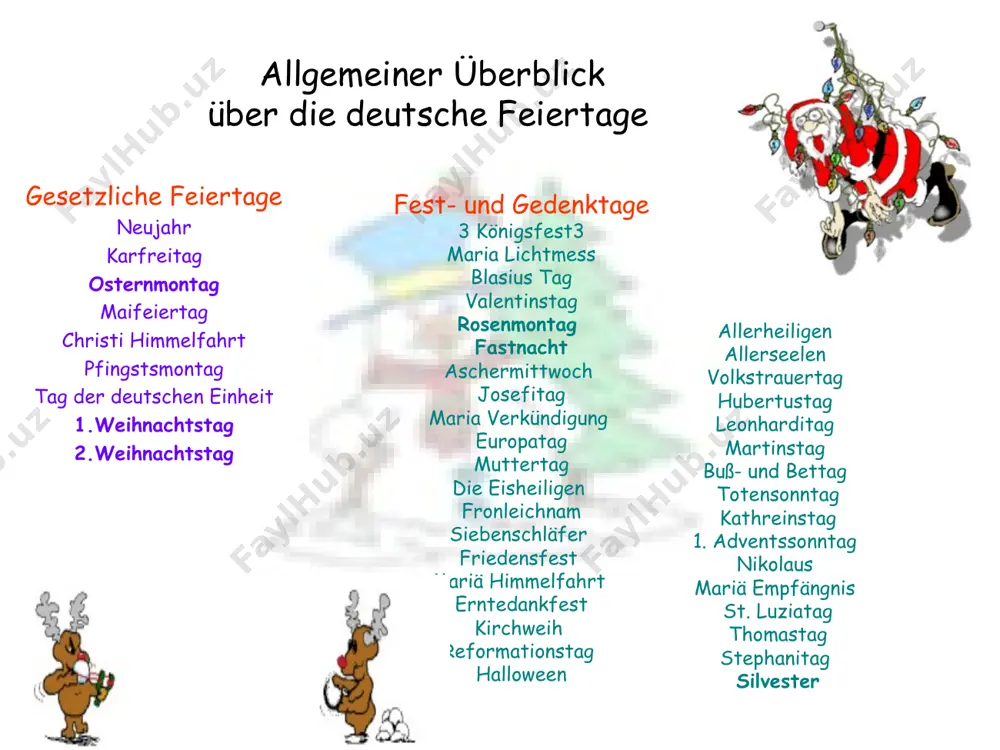 ten, mistel und weihnachtsleckerbissen mit. es ist ein tag des friedens und der familientreffungen. das dreikönigsfest, der 6. januar, ist auch erscheinung des herrn genannt. mit diesem fest beendet sich die weihnachtszeit. glocken der frauenkirche maske des weihnachtssängers ostern ostern und auch die wochen davor gehören zu den schönsten und wichtigsten wochen im kalender. obwohl weihnachten noch größer gefeiert wird, so ist doch ostern für christen der höhepunkt des jahres. in der woche vor ostern, der sogenannten "karwoche", denken wir an das leiden von jesus christus. er litt schläge, spott und letztendlich den tod am kreuz, damit wir menschen wieder zu gott kommen konnten. aber jesus blieb nicht tot. am dritten tag hat gott ihn wieder zum leben erweckt. ostern als das christentum zu den germanischen und keltischen völkern kam, die auf dem gebiet des heutigen deutschland lebten, fanden die missionare dort viele tief verwurzelte bräuche vor, die das leben …