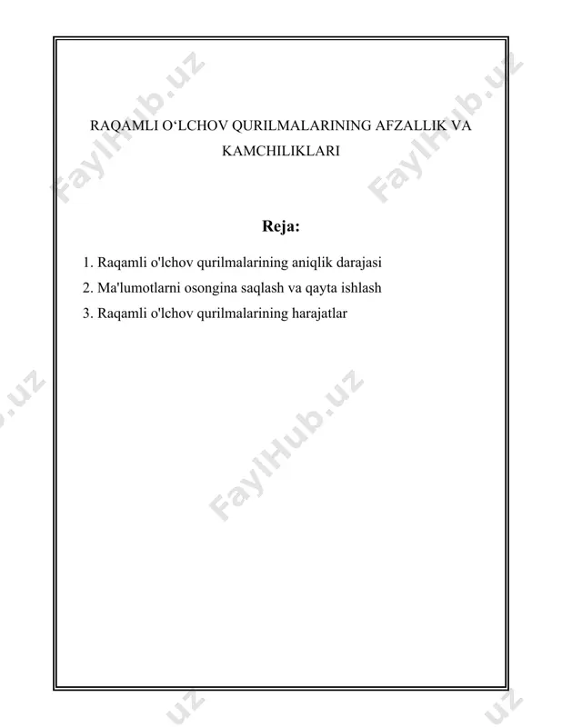 hmmeterlar elektr tok, kuchlanish va qarshilikni o'lchashda qo'llaniladi. mazkur qurilmalar aniqlik darajasi odatda ±0.1% dan ±2% gacha bo'lishi mumkin. kalibrlash jarayoni raqamli o'lchov qurilmalarining aniqlik darajasini ta'minlashda muhim rol o'ynaydi. kalibrlashda qurilma noto'g'ri ishlayotgan bo'lsa, sozlanadi va aniqligi maksimal darajaga keltiriladi. kalibrlash odatda sinov laboratoriyalarida amalga oshiriladi va davlat yoki xalqaro me'yorlarga asoslanadi. yana bir muhim aspekt - rezolyutsiya, ya'ni raqamli qurilmaning eng kichik o'lchov birligi. masalan, raqamli o'lchov qurilmasi 0,001 voltni ko'rsatishi mumkin bo'lsa, rezolyutsiyasi 1 mv deb aytiladi. rezolyutsiya yaxshiroq bo'lsa, qurilmaning aniqligi va noziklik darajasi yuqori bo'lishi mumkin. aniqlik darajasini ta'sir qiluvchi omillar qatoriga harorat, namlik, elektr shovqin va boshqa omillarning ham ta'siri mavjud. bu omillar o'lchov natijalariga salbiy ta'sir ko'rsatishi mumkin. shuning uchun raqamli o'lchov qurilmalari ishlatilayotgan joylarning sharoitlari ham muhim hisoblanadi. hozirgi kunda zamonaviy raqamli o'lchov qurilmalari yanada yuqori aniqlik va ishonchlilikni ta'minlash uchun turli texnologiyalarni qo'llaydi. masalan, ko'p vazifali integratsiya qilingan elektron sxemalar (iclar) …