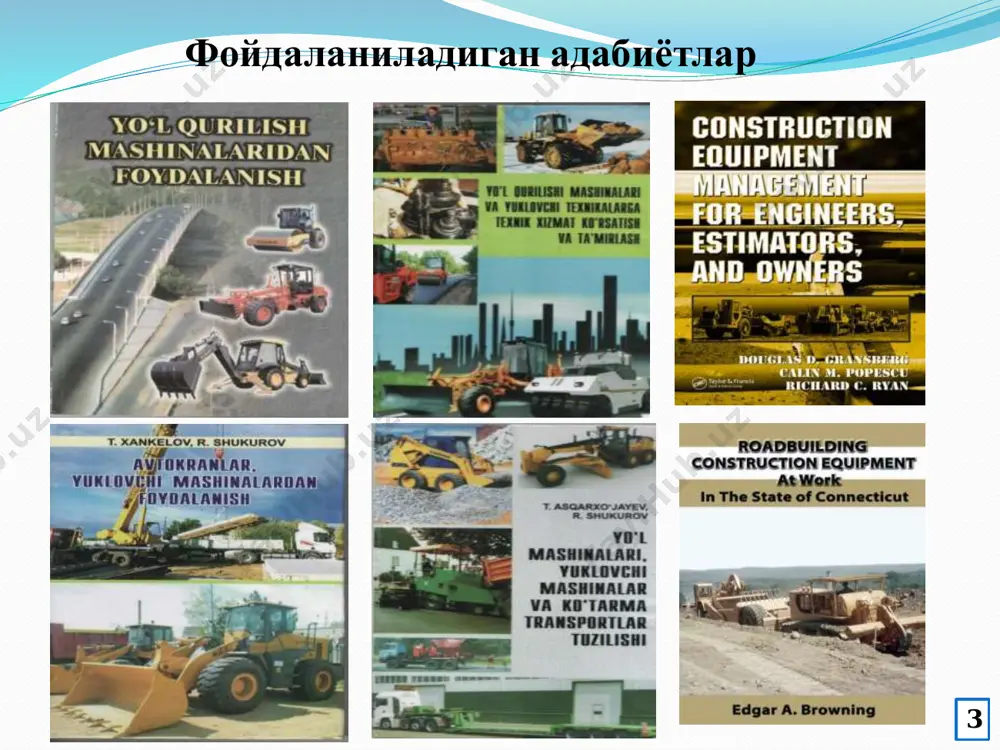 арадиган ишнинг тури вазифаси, иш жараёнининг характери ва технологияси иш тартиби, юритмасининг тури, куввати (иш унумдорлиги), юриш қисми, универсаллиги, бошқариш системасининг турига қараб тавсифланади. вазифасига кўра - ташиш ва юклаш, тушириш, юк кўтариш машиналари, ер қазиш машиналари, устунқозик коқиш машиналари, тош материалларини тайёрлаш, қопламаларни ётқизиш машиналари, пардозлаш машиналари, ва х.к. машиналарнинг таснифи 10  ишлаш тартиби - бўйича даврий (циклик) ишлайдиган ва узлуксиз ишлайдиган машиналар бўлади.  куч жиҳозлари бўйича – ички ёнув двигателидан харакатга келтириладиган, электрик, гидравлик ва пневматик двигателлардан харакатга келадиган машиналар бўлади.  кўзғалувчанлик бўйича – стационар, кўтариб юриладиган ва кўчма машиналарга бўлинади.  универсаллиги бўйича – кўп мақсадларга мўлжалланган, универсал машиналар ва ихтисослаштирилган машиналар бўлади. 11 домкрат унча катта ва оғир бўлмаган, кўтариб олиб юриш мумкин бўлган юк кўтариш механизмларидир. у юкни 200-500 мм баландликка кўтариш, уни горизонтал бўйлаб силжитиш ва конструкцияларни ўрнатиш пайтида уларни бир-бирига тўғрилаш учун хизмат қилади. домкратлар қурилишда ўрнатиш ва тузатиш ишларида, …
