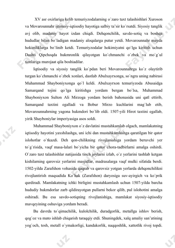ustahkamlash uchun 1507-yilda barcha hududiy hukmdorlar zarb qildirayotgan pullarni bekor qilib, pul islohotini amalga oshiradi. bu esa savdo-sotiqning rivojlanishiga, mamlakat siyosiy-iqtisodiy mavqeyining oshuviga yordam beradi. bu davrda to`qimachilik, kulolchilik, duradgorlik, metallga ishlov berish, qog`oz va mato ishlab chiqarish taraqqiy etdi. shuningdek, xalq amaliy san’atining yog`och, tosh, metall o`ymakorligi, kandakorlik, naqqoshlik, xattotlik rivoj topdi. samarqandda yuqori sifatli qog`oz ishlab chiqarish yanada yuksaldi. ipak qog`ozi deb ataluvchi oliy nav qog`ozlar asosan ipak paxtadan aralashtirib tayyorlangan. samarqandlik usta miribrohim “sultoniy” va “miribrohimiy” nomli qog`ozlarni ishlab chiqarish bilan mashhur bo`lgan. samarqand qog`ozlarining keng ko`lamda ishlab chiqarilishi kitobat san’atining taraqqiy etishiga, o`z navbatida, movarounnahrning ko`p gina madaniy jihatdan yuksalgan shaharlaridagi madrasalar qo shida hamda boy-badavlat kishilar tomonidan tashkil etilgan kutub xonalarning ko`payishiga olib keldi. bu kutubxonalarda nodir qo`lyoz malar bilan birga tarix, tilshunoslik, adabiyot, geografya, falsafa, mantiq, fqhshunoslik, notiqlik, tibbiyot, matematika, astro-nomiya kabi ko`plab fan sohalariga oid kitoblar to`plangan. xvi asrdan boshlab shayboniy hukmdorlar, ayniqsa, …