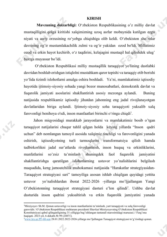 zasi.// farg’ona haqiqati. 2023-yil, 6-dekabr.№ 99 (24071).] jahon miqyosidagi murakkab jarayonlarni va mamlakatimiz bosib o’tgan taraqqiyot natijalarini chuqur tahlil qilgan holda keying yillarda “inson qadri uchun” deb nomlangan tamoyil asosida xalqimiz tinchligi va farovonligini yanada oshirish, iqtisodiyotning turli tarmoqlarini transformatsiya qilish hamda tadbirkorlikni jadal sur’atlarda rivojlantirish, inson huquq va erkinliklarini, manfatlarini so’zsiz ta’minlash shuningdek faol fuqarolik jamiyatini shakllantirishga qaratilgan islohotlarning ustuvor yo’nalishlarini belgilash maqsadida, keng jamoatchilik muhokamasi natijasida “harakatlar strategiyasidan-taraqqiyot strategiyasi sari” tamoyiliga asosan ishlab chiqilgan quyidagi yettita ustuvor yo’nalishlardan iborat 2022-2026 -yillarga mo’ljjallangan yangi o’zbekistonning taraqqiyot strategiyasi dasturi e’lon qilindi[footnoteref:2]. ushbu davlat dasturida inson qadrini yuksaltirish va erkin fuqarolik jamiyatini yanada rivojlantirish orqali xalqparvar davlat barpo etish, mamlakatimizda adolat va qonun ustuvorligi tamoyillarini taraqqiyotning eng asosiy va zarur shartiga aylantirish, milliy iqtisodiyotni jadal rivojlantirish va yuqori o’sish sur’atlarini ta’minlash, adolatli ijtimoiy siyosat yuritish, inson kapitalini rivojlantirish, ma’naviy taraqqiyotni ta’minlash va sohani yangi bosqichga ko’tarish, milliy manfatlardan kelib chiqqan holda …