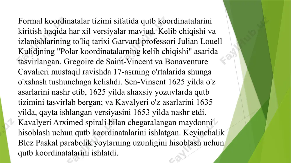 tekislikdagi o'rnini belgilaydigan sonlardir. agar nuqta abssissa o'qida yotsa, uning ordinatasi nolga teng (masalan, koordinatalari -2 va 0 bo'lgan b nuqta). agar nuqta ordinatalar o'qida yotsa, u holda uning abstsissasi nolga teng (masalan, koordinatalari 0 va -4 bo'lgan s nuqta). boshlanish nuqtasi o - ham absissaga, ham ordinataga ega bo'lib, nolga teng: o (0; 0). ushbu koordinata tizimi to'rtburchaklar yoki dekartiya deb nomlanadi. koordinata burchaklari koordinata o'qlari tomonidan hosil qilingan to'rtta burchak koordinata burchaklari deb ataladi. ular rasmda ko'rsatilgandek raqamlangan. 1. quyidagi jadvalda qaysi belgilar turli koordinatali burchaklarda nuqta koordinatalariga ega ekanligi ko'rsatilgan: 2-rasmda a1 nuqta birinchi koordinatali burchakda, a2 nuqta - ikkinchisida, a4 nuqta - uchinchisida va a3 nuqta - to'rtinchi qismida joylashgan. agar nuqta abscissa o'qida yotsa (masalan, 2-rasmdagi b1 nuqta), u holda uning y koordinatasi nolga teng. agar nuqta ordinatada yotsa (masalan, 2-rasmdagi b2 nuqta), u holda uning abssissasi nolga teng. foydalanilgan adabiyotlar. 1. o‘zbekiston respublikasi prezidentining …