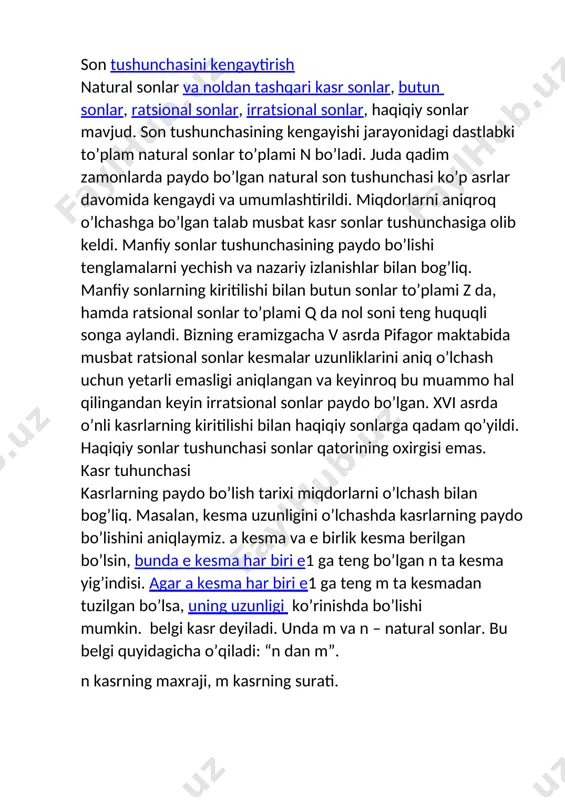 i ifodalovchi kasrlar teng kasrlar deyiladi. kasr (arabcha: كسر - boʻlak, parcha) — matematikada birning bitta yoki bir nechta qismidan (boʻlagidan) iborat son. kasr ikkita butun sonning nisbati bilan ifodalanadi: {\displaystyle {\tfrac {n}{m}}} yoki n/m . bu yerda m kasrning maxraji, n boʻlsa surati deyiladi. maxraj chiziqning ostiga (yoki ketiga), surat boʻlsa chiziqning ustiga (yoki oldiga) yoziladi. maxraj bir sonni necha boʻlakka boʻlinganini koʻrsatadi, surat boʻlsa shu kasrda shunday ulushlardan nechta borligini koʻrsatadi. masalan, {\displaystyle {\tfrac {3}{4}}} kasrida surat 3 dir va u kasr teng uch boʻlakni ifodalashini koʻrsatadi. maxraj boʻlsa 4 dir va u toʻrtta boʻlak bir boʻlib butunni hosil qilishini anglatadi. matematikada {\displaystyle {\tfrac {a}{b}}} koʻrinishida yozsa boʻladigan barcha sonlar ratsional sonlar toʻplamiga kiradi. bu yerda a va b butun sonlardir va b 0 ga teng emas (b‡0). kasr sonlar yaqqol surat yoki maxrajli boʻlmasligi ham mumkin, masalan oʻnli kasr, foiz, manfiy darajalar (mos ravishda 0,01, 1% va …