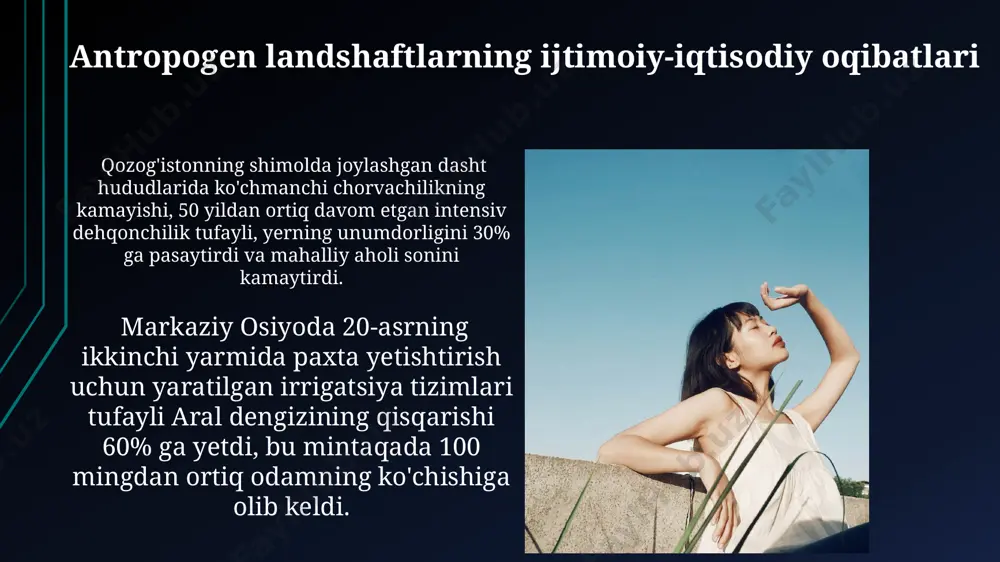 maydonni egallab, antropogen landshaftlarning ajoyib misoli hisoblanadi. markaziy osiyodagi antropogen landshaftlarning umumiy nuqtai nazari toshkent yaqinidagi 30 km radiusdagi hududda shaharlashuv jarayoni natijasida 15% dan ortiq tabiiy landshaftlar o'zgargan va antropogen landshaftlarga aylantirilgan. markaziy osiyoda, xususan farg'ona vodiysida, 2000 yildan ortiq vaqtdan beri davom etayotgan intensiv dehqonchilik tufayli, yer osti suvlarining 10 metrgacha pasayishi kuzatilgan. tojikistondagi antropogen landshaftlar: misollar помир тоғларидаги 3500 метр баландликдаги кўчманчи маданиятга тегишли кўплаб чўпонлар лагери ва йўллари минтақадаги маданий антропоген ландшафтнинг яққол кўринишидир. тожикистондаги кўп асрлик суғориш тизимлари, хусусан, фархор водийсидаги 1000 дан ортиқ йиллик ариқлар тармоғи, антропоген ландшафтнинг асосий мисоли ҳисобланади. transport infratuzilmasi va uning landshaftga ta'siri so'nggi 30 yil ichida qozog'istonning janubiy hududlarida qurilgan avtomobil yo'llari tarmog'i 10 ming km dan oshib, cho'l o'simliklari va hayvonot dunyosining yashash joylarini keskin kamaytirgan. markaziy osiyoda, xususan o'zbekistonning qashqadaryo viloyatida, 19-asr oxiridan boshlab qurilgan temir yo'llar 500 km dan ortiq masofani egallab, mintaqaning tabiiy landshaftlarini sezilarli …