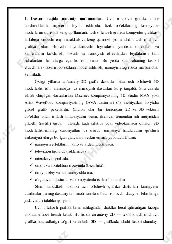 i ifodalash uchun ham ishlatish mumkin. 1- rasm. chiziq,muloqot chiziqlari masalan, beze chiziqlari uchun, xususiy holda, boshlang`ich shakl va chiziqlar to`plami aniqlangan bo`lib (masalan, tekst, aylana, ellips) ular keyinchalik aniq shakllar ko`rishda ishlatilishi mumkin. poligonal ob`ektlar (polugonal objects) — bular o`zgarib turuvchi parametrlar bilan ifodalanuvchi (masalan uzunlik, radius) poligonal boshlang`ich shakllar (polygonal primitives) yoki polugonal turlardir (polugonal meshes). poligonal turlar juft-jufti bilan uchlarni tutashtiruvchi qirralar sifatida aniqlanadi. boshlang`ich shakllar (primitiv) ni ishlatish dizaynerga (dasturga ham) d ob`ekt shaklini o`zgartirishni ancha osonlashtiradi. shunda 3d - boshlang`ich (primitiv) shakllarni (masalan sfera yoki silindr) namoyish etishda, ularning shakli qirralar yordamida berilgan aniqlikda almashtiriladi. poligonal d ob`ekt sirti tekis yoqlardan iborat bo`lgani uchun, ularga namoyish silliqligini berishda turli silliqlash algoritmlari foydalaniladi. bu texnologiya asosan 3d o`yinlarni va virtual borliqni yaratishda keng qo`llanadi. 2- rasm. beze sirti. beze sirtlari (bezier patches) - bu beze cho`qqilarining joylashishi bilan silliq sirtlardir. bu cho`qqilar sirtga urinma vektorlar (tangent) …