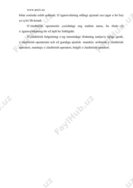:real ); const sqrmaxқ100; begin x:қx*x; globalflag:қ( x>sqrmax ); if globalflag then x:қsqrmax; getsqr:қx; end; 5. belgili o`zlashtirish operatori agar o`zlashtirish operatorining chap tomonida char (belgili) yoki string (qatorli) tipdagi o`zgaruvchi ko`rsatilgan bo`lsa, u holda operatorning o`ng tomonida belgili ifoda bo`lishi zarur. belgili qiymatlar ustida faqatgina qo`shish (ulash) amalinigina bajarish mumkin . shuning uchun, belgili ifoda-belgili o`zgarmas, belgili o`zgaruvchi yoki belgili tipli funktsiya bo`lishi mumkin. belgili o`zlashtirish operatoriga misollar: s:қ`қ-`; d:қ`*ғ`; k:қsқd; `:қ`turbo `ascal`; `rogram m1; var s1,s2:string; begin s1:қ`oliy`; s2:қ` tahlim`; s2:қs1қs2; writeln(s2); end. adabioytlar: 1. virt n. algoritmi strukturi dannix programmi. - m.: mir, 1985 g. 2. abramov v., trifonov n., trifonova g. vvedenie v yazik paskal. - m.: nauka, 1988 g. 3. faysman a. professionalnoe programmirovanie na turbo paskale. - t.: "infomeks korporeyshn", 1992 g. 4. findlay w., watt d.a., paskal. an introduction to methodical programmin. third edition. – london: pitman, 1985 g. 5. polyakov d. b., …