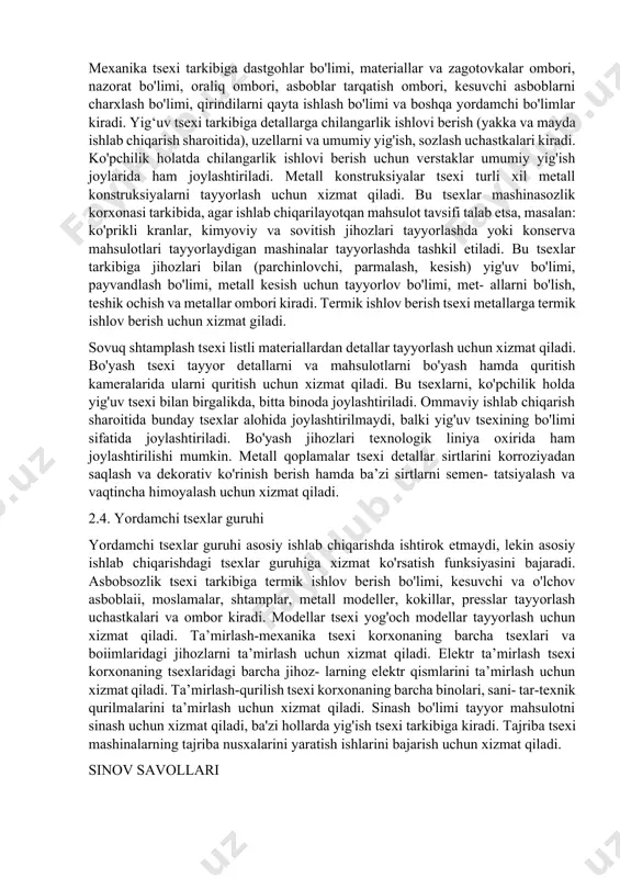 lik holatda chilangarlik ishlovi berish uchun verstaklar umumiy yig'ish joylarida ham joylashtiriladi. metall konstruksiyalar tsexi turli xil metall konstruksiyalarni tayyorlash uchun xizmat qiladi. bu tsexlar mashinasozlik korxonasi tarkibida, agar ishlab chiqarilayotqan mahsulot tavsifi talab etsa, masalan: ko'prikli kranlar, kimyoviy va sovitish jihozlari tayyorlashda yoki konserva mahsulotlari tayyorlaydigan mashinalar tayyorlashda tashkil etiladi. bu tsexlar tarkibiga jihozlari bilan (parchinlovchi, parmalash, kesish) yig'uv bo'limi, payvandlash bo'limi, metall kesish uchun tayyorlov bo'limi, met- allarni bo'lish, teshik ochish va metallar ombori kiradi. termik ishlov berish tsexi metallarga termik ishlov berish uchun xizmat giladi. sovuq shtamplash tsexi listli materiallardan detallar tayyorlash uchun xizmat qiladi. bo'yash tsexi tayyor detallarni va mahsulotlarni bo'yash hamda quritish kameralarida ularni quritish uchun xizmat qiladi. bu tsexlarni, ko'pchilik holda yig'uv tsexi bilan birgalikda, bitta binoda joylashtiriladi. ommaviy ishlab chiqarish sharoitida bunday tsexlar alohida joylashtirilmaydi, balki yig'uv tsexining bo'limi sifatida joylashtiriladi. bo'yash jihozlari texnologik liniya oxirida ham joylashtirilishi mumkin. metall qoplamalar tsexi detallar …