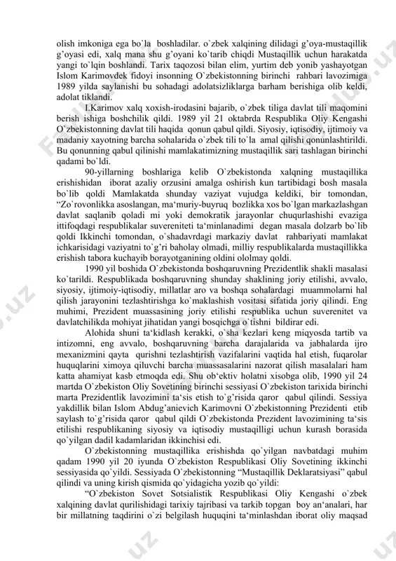 i tugatilishi, ekologik holatni sog‘lomlashtirilishi o‘zbekistonda dolzarb masala sifatida ko‘tarildi. jamiyating barcha jabhalarini kompleks tarzda isloh qilishga xarakatlar buldi. asosiy maksad sovet jamiyatini to‘liq demokratlashtirish deb aytildi. sssrda saylov tizimini o‘zgartirshi to‘g‘risidagi qonun (1988 yil dekabri) qabul qilindi. markaz o‘z ta'sirini kuchaytirish maqsadida o‘zbekistonda "o‘zbek ishi», «paxta ishi» kabi uydirmalarni o‘ylab topdi. 1984-1990 yillarda 30-50-yillarida sodir bo‘lgan qatag‘onlardan kam bo‘lmagan bedodliklar yuz berdi. qayta qurish siyosati ham sssr davlatini muqarrar inqirozdan qutqarib qola olmadi. davlatda inqiroz boshlandi. ittifoqdosh respublikalarda milliy o‘zlikni anglash va mustaqillik sari dadil qadamlar qo‘yildi. xx asrning 80-yillari oxirida “o`zbekistonning ijtimoiy-siyosiy hayotida o`zgarish boshlandi. odamlar xilma xil fikrlar bildirish, dillaridagini oshkora ayta olish imkoniga ega bo`la boshladilar. o`zbek xalqining dilidagi g’oya-mustaqillik g’oyasi edi, xalq mana shu g’oyani ko`tarib chiqdi mustaqillik uchun harakatda yangi to`lqin boshlandi. tarix taqozosi bilan elim, yurtim deb yonib yashayotgan islom karimovdek fidoyi insonning o`zbekistonning birinchi rahbari lavozimiga 1989 yilda saylanishi bu sohadagi adolatsizliklarga …