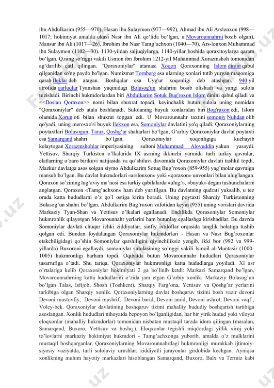 lig'i) turgan. dargohning xo'jalik ishlari bilan vakil shug'ullangan. davlat boshqaruvi buxoro registoni atrofida joylashgan o'nta devon qo'lida bo'lgan. devoni vazir, yoki xojayi kalon. u barcha: ma'muriy, siyosiy va xo'jalik muassasalarini nazorat qilgan. vazir barcha harbiy kuchlarni ham boshqargan. uning ixtiyorida hisobchilar, munshiy va kotiblar, daftardorlar bo`lgan. devoni amid elchilik va muhim davlat ishlarini boshqargan. u devoni rasoyil, devoni insho ham deyilgan. devoni sohibushrot — sipohiylarni va shoh saroyini moddiy jihatdan ta'minlagan. yiliga to'rt marta sipohiylariga maosh berilgan. sohibushrot harbiy intizomni ham ta'minlab turgan. devoni sohibbarid—davlat elchilari va viloyat hokimlari ustidan maxfiy nazorat ishlarini boshqargan. uning har viloyatda o'z amaldorlari bo'lgan. devoni muhtasib — bozorlarda tarozi va narx-navoni, keyinchalik aholi tomonidan shariat qonun-qoidalariga rioya qilinishini nazorat qilib turuvchi muassasa. tartibbuzar va o'g'rilar joyida jazolangan. muhtasib o'z vakillari bilan barcha shaharlarda faoliyat ko'rsatgan. devoni mushrif (nazorat qiluvchi) xazina kirim-chiqimi va boshqa muhim davlat ishlarini nazorat qilgan. bundan tashqari devoni qozi, devoni ziyo, …